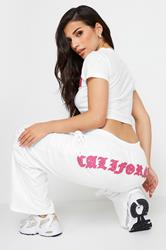 PixieGirl Petite Women's White 'California' Slogan Wide Leg Joggers | PixieGirl 1