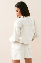 PixieGirl Petite Women's Cream Denim Contrast Stitch Collarless Jacket | PixieGirl 3