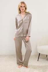 PixieGirl Petite Women's Natural Brown Satin Button Pyjama Set | PixieGirl 1