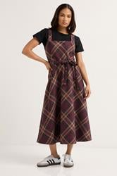 PixieGirl Petite Women's Burgundy Red Check Pinafore Midi Dress | PixieGirl 1