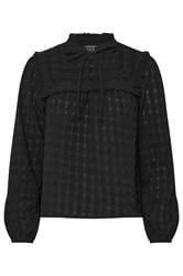 PixieGirl Petite Women's Black Crinkle Crochet Tie Neck Blouse | PixieGirl 2