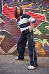PixieGirl Petite Women's Navy Blue Contrast Piping Wide Leg Joggers | PixieGirl 1