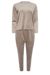 PixieGirl Petite Women's Stone Brown Leopard Embossed Luxe Fleece Pyjama Set | PixieGirl 5
