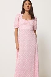 PixieGirl Petite Women's Pink Floral Ruched Midi Dress | PixieGirl 1