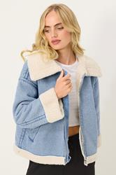 PixieGirl Petite Women's Light Blue Denim Borg Zip Jacket | PixieGirl 1
