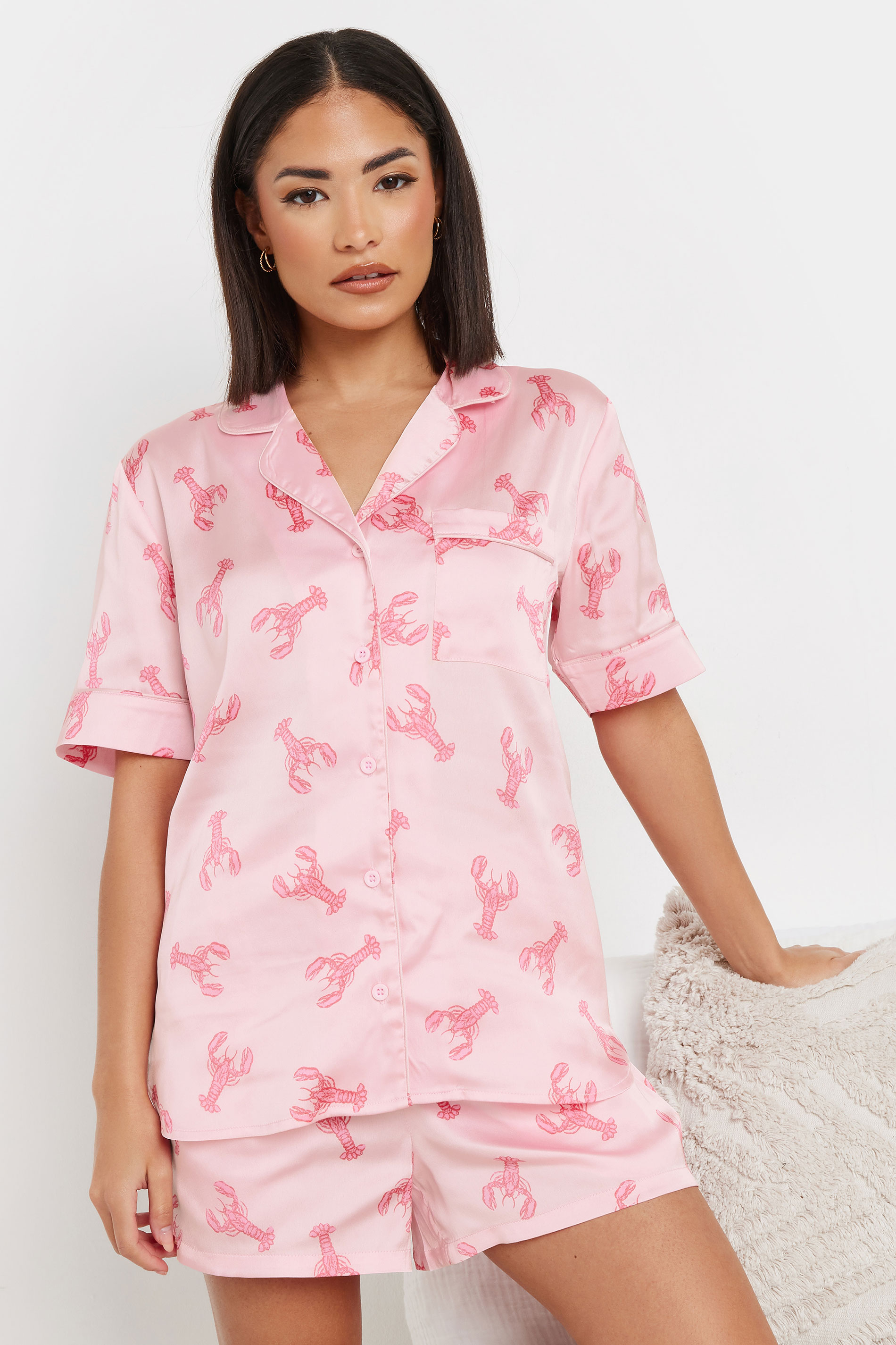 PixieGirl Petite Women's Pink Satin Lobster Graphic Short Pyjama Set | PixieGirl 5