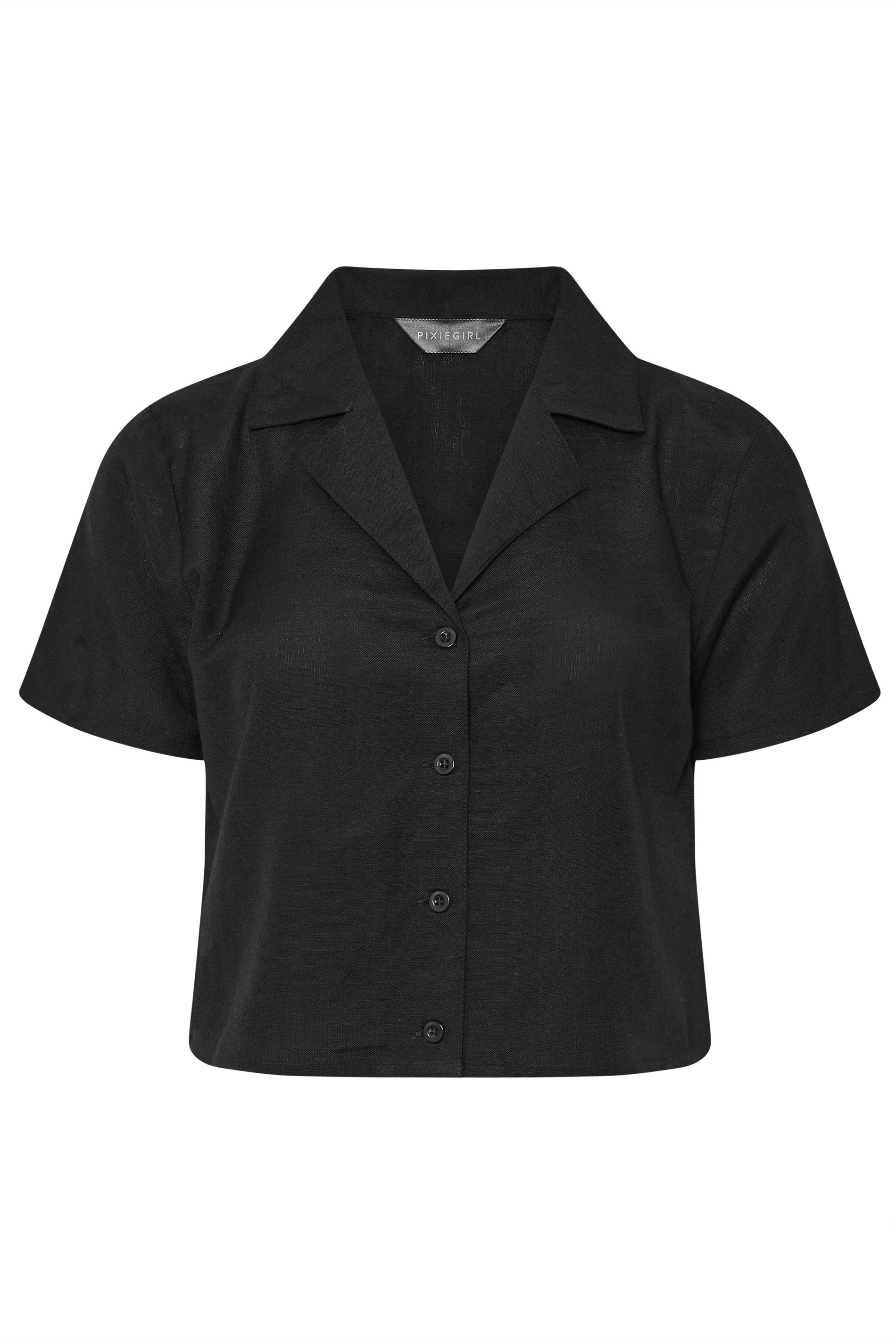 PixieGirl Petite Women's Black Linen Cropped Short Sleeve Shirt | PixieGirl 6