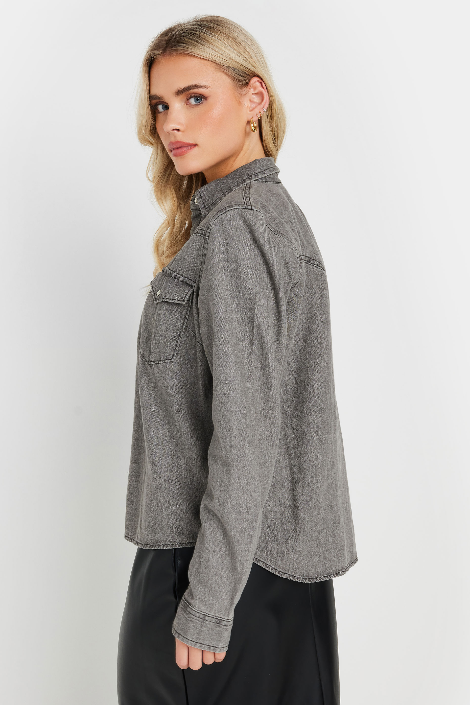 PixieGirl Petite Women's Charcoal Grey Washed Denim Shirt | PixieGirl 3