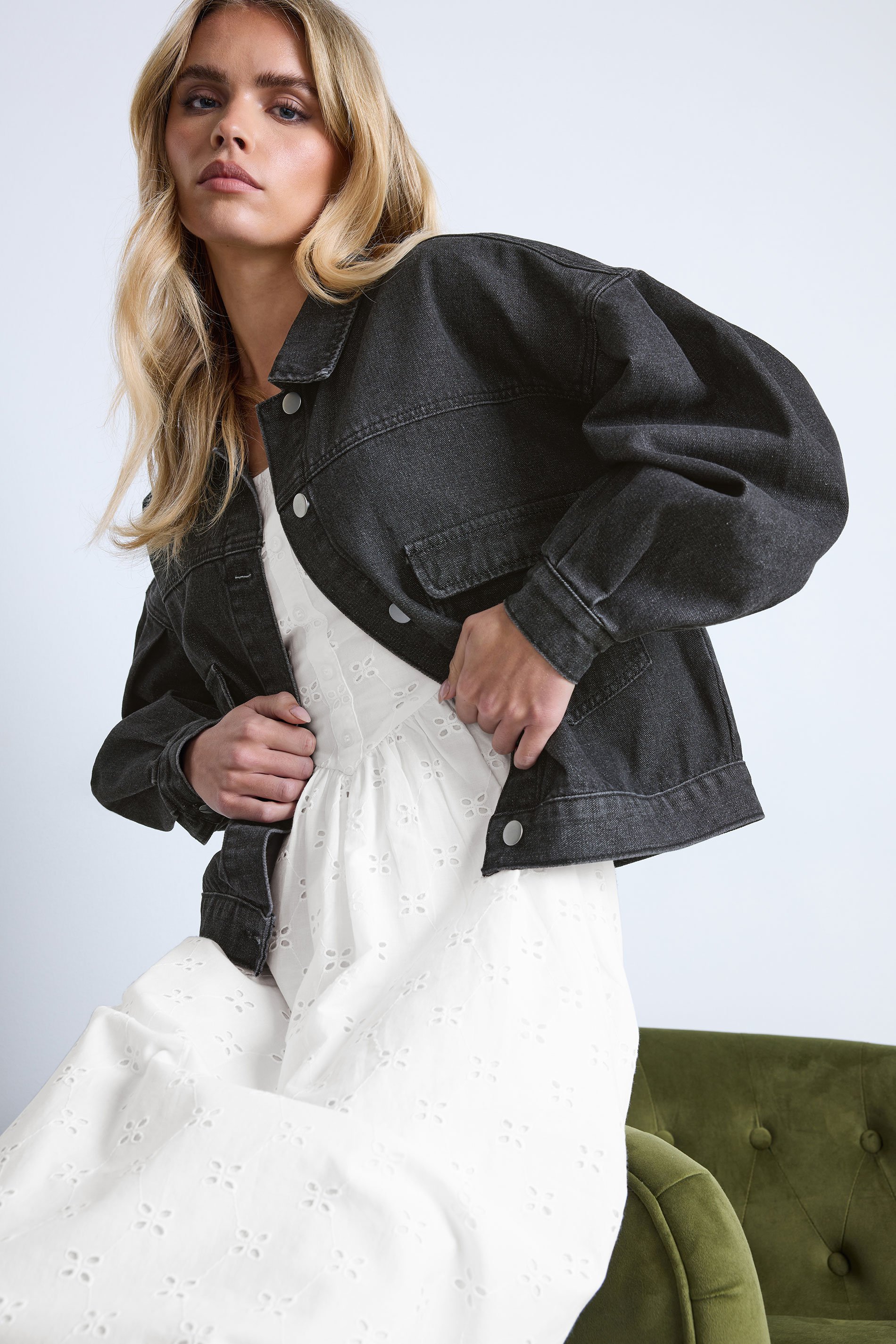 PixieGirl Petite Women's Black Denim Balloon Sleeve Jacket | PixieGirl 1