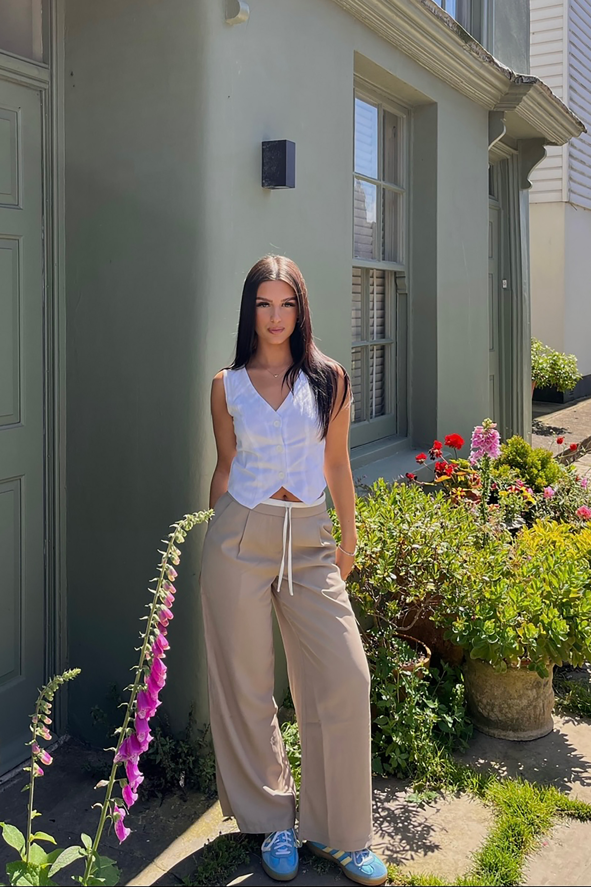 PixieGirl Petite Womens Brown Contrast Waist Wide Leg Trousers | PixieGirl 1