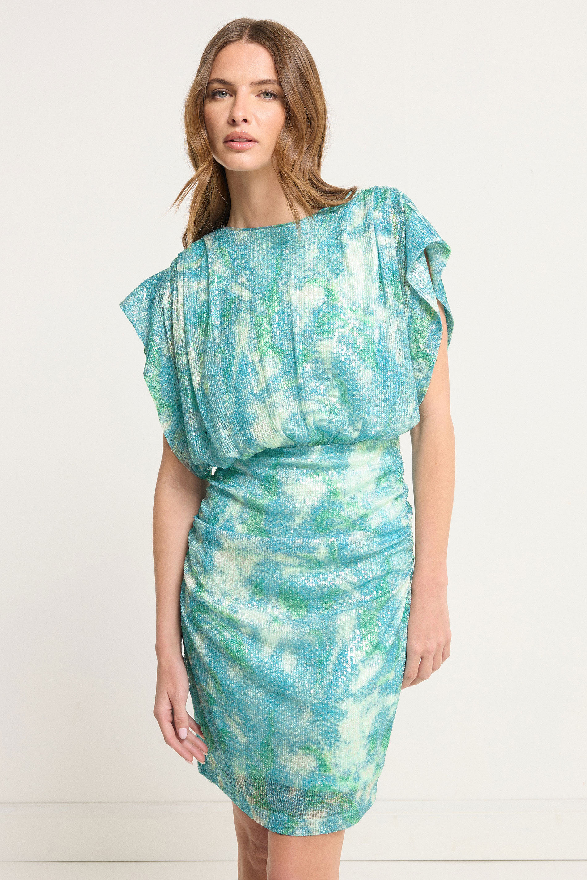 STAR Turquoise Green Sequin Ruched Mini Dress | StarByJM 3