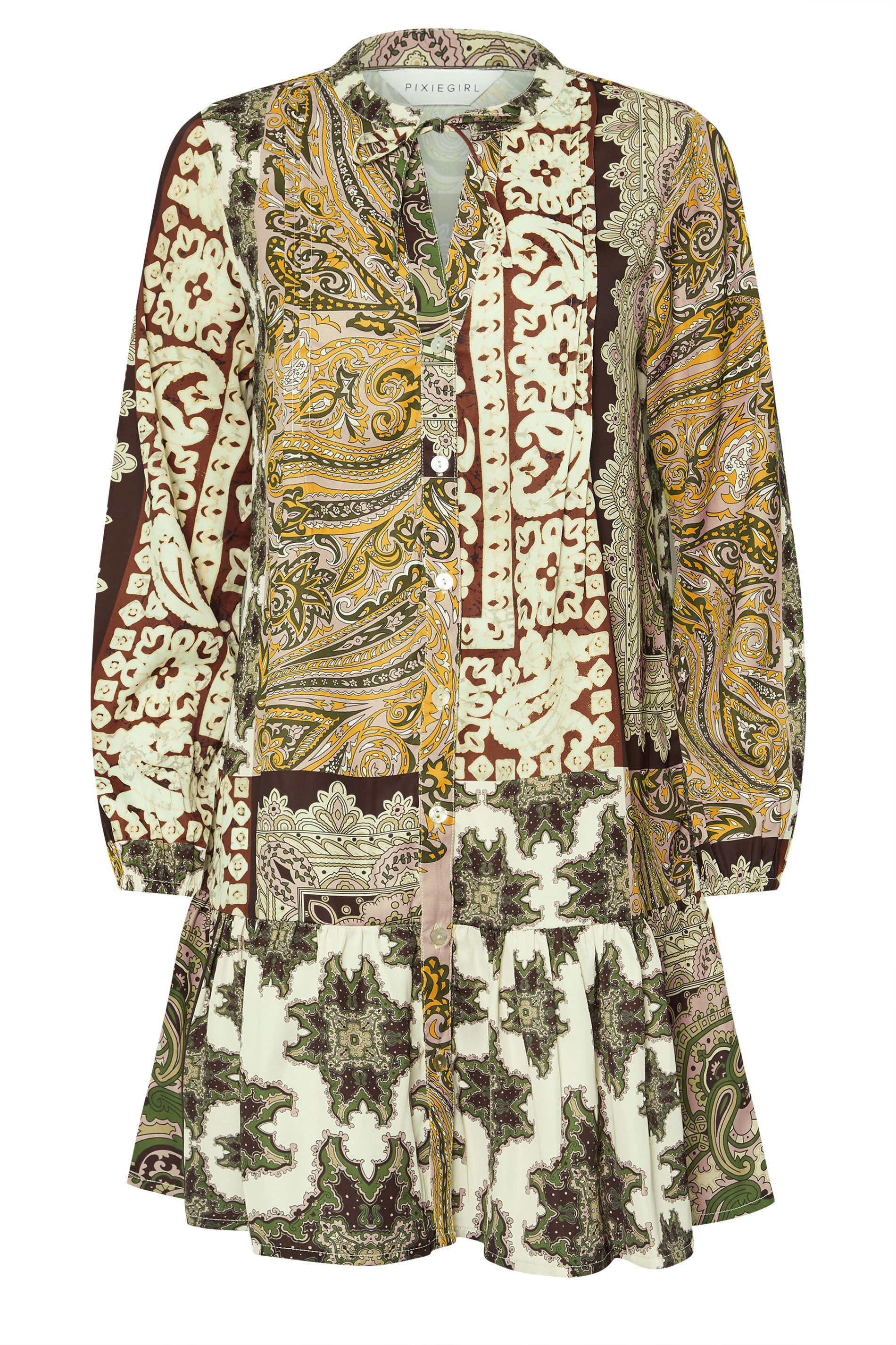 PixieGirl Petite Women's Beige Brown Patchwork Print Tiered Midi Dress | PixieGirl 5