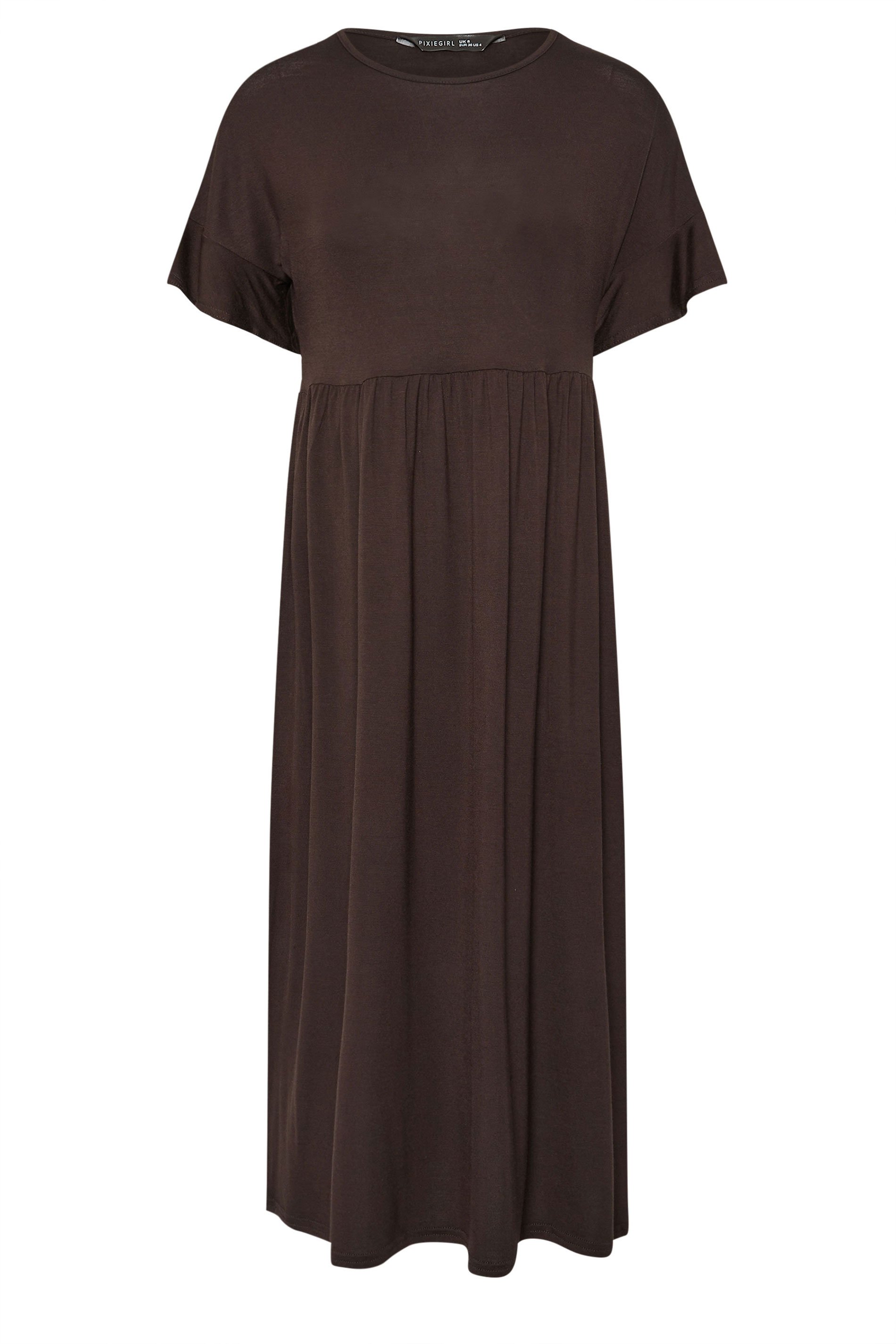 PixieGirl Petite Women's Brown Frill Sleeve Smock Midaxi Dress | PixieGirl 5