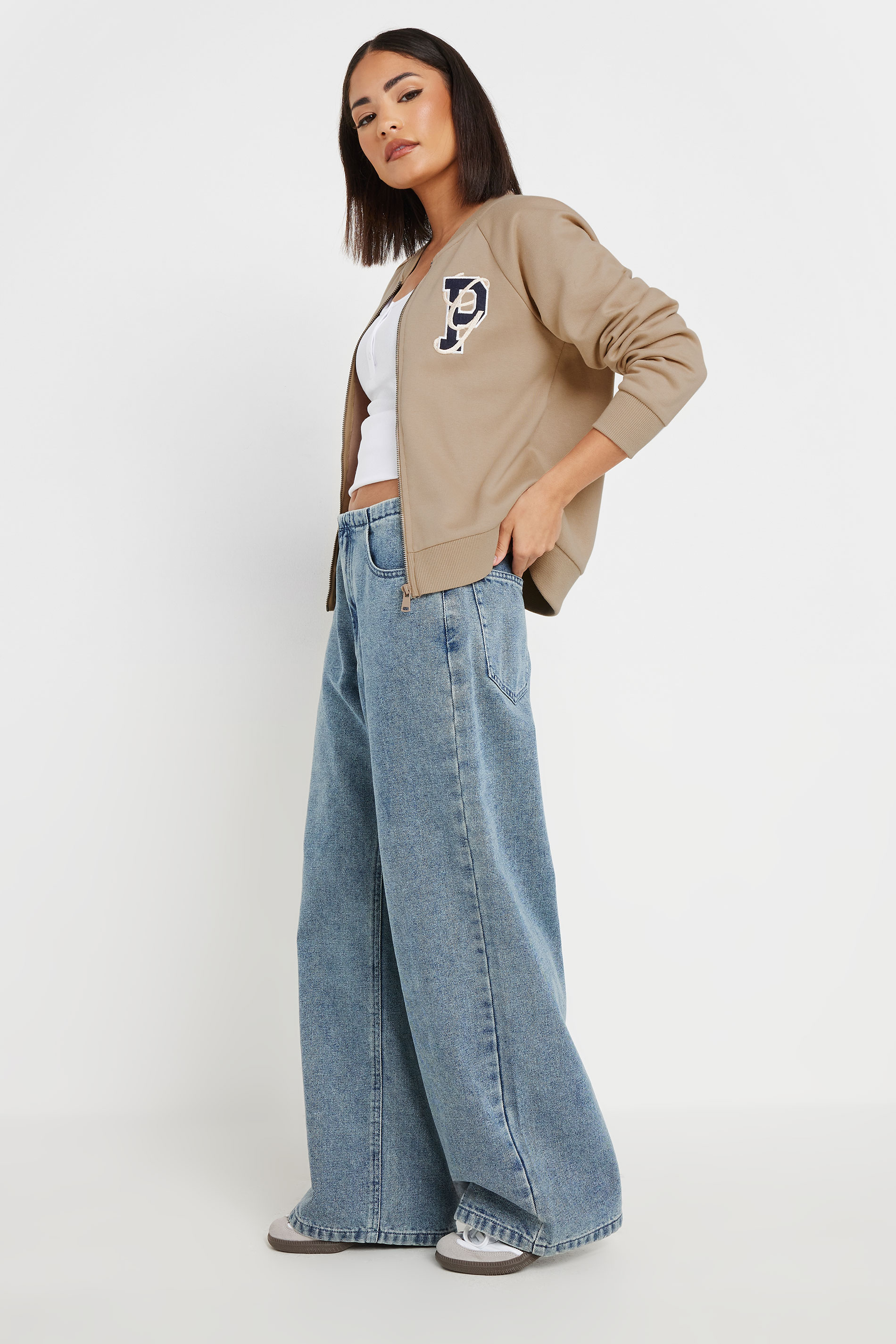 PixieGirl Petite Women's Stone Brown Embroidered Initial Jersey Bomber Jacket | PixieGirl 2