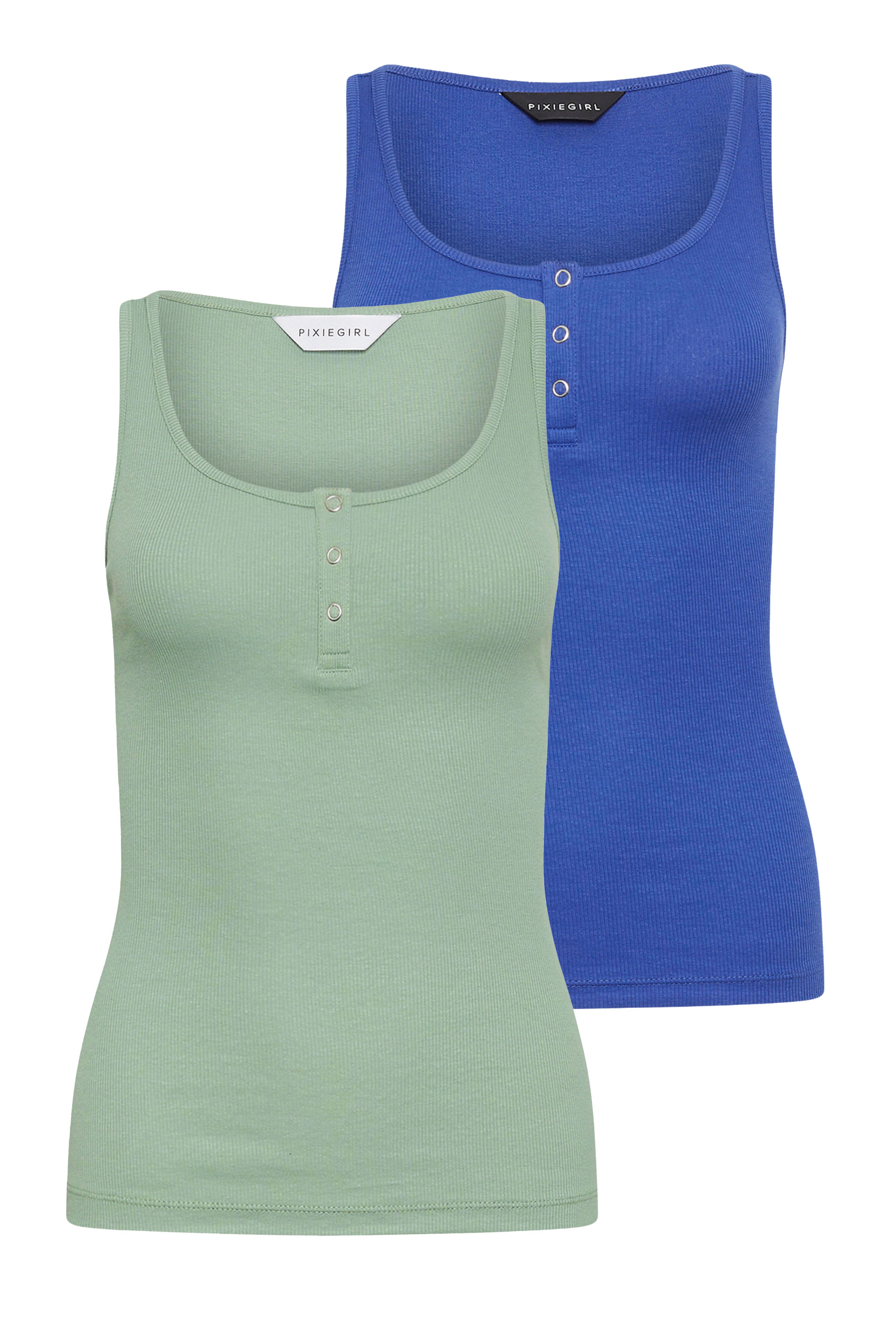 PixieGirl Petite Women's 2 PACK Sage Green & Blue Ribbed Popper Vest Tops | PixieGirl 7