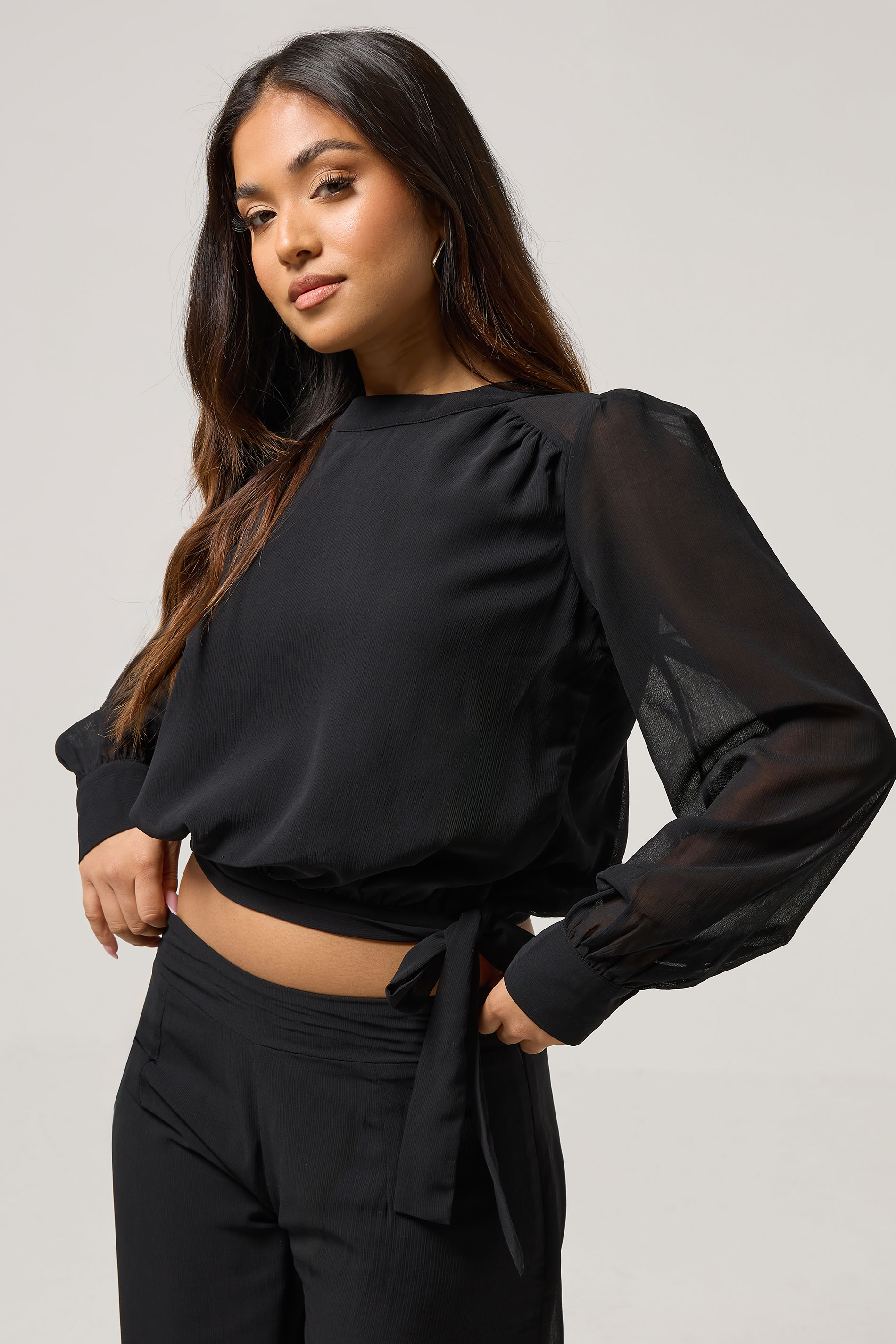 PixieGirl Petite Women's Black Chiffon Side Tie Blouse | PixieGirl 2