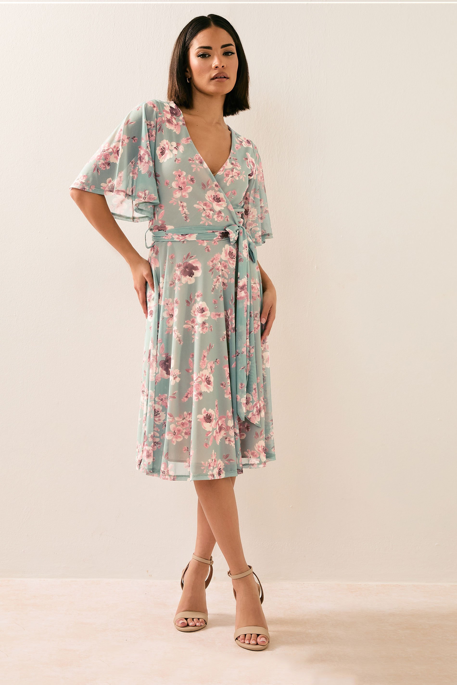 PixieGirl Petite Women's Sage Green Mesh Floral Wrap Midi Dress | PixieGirl 2