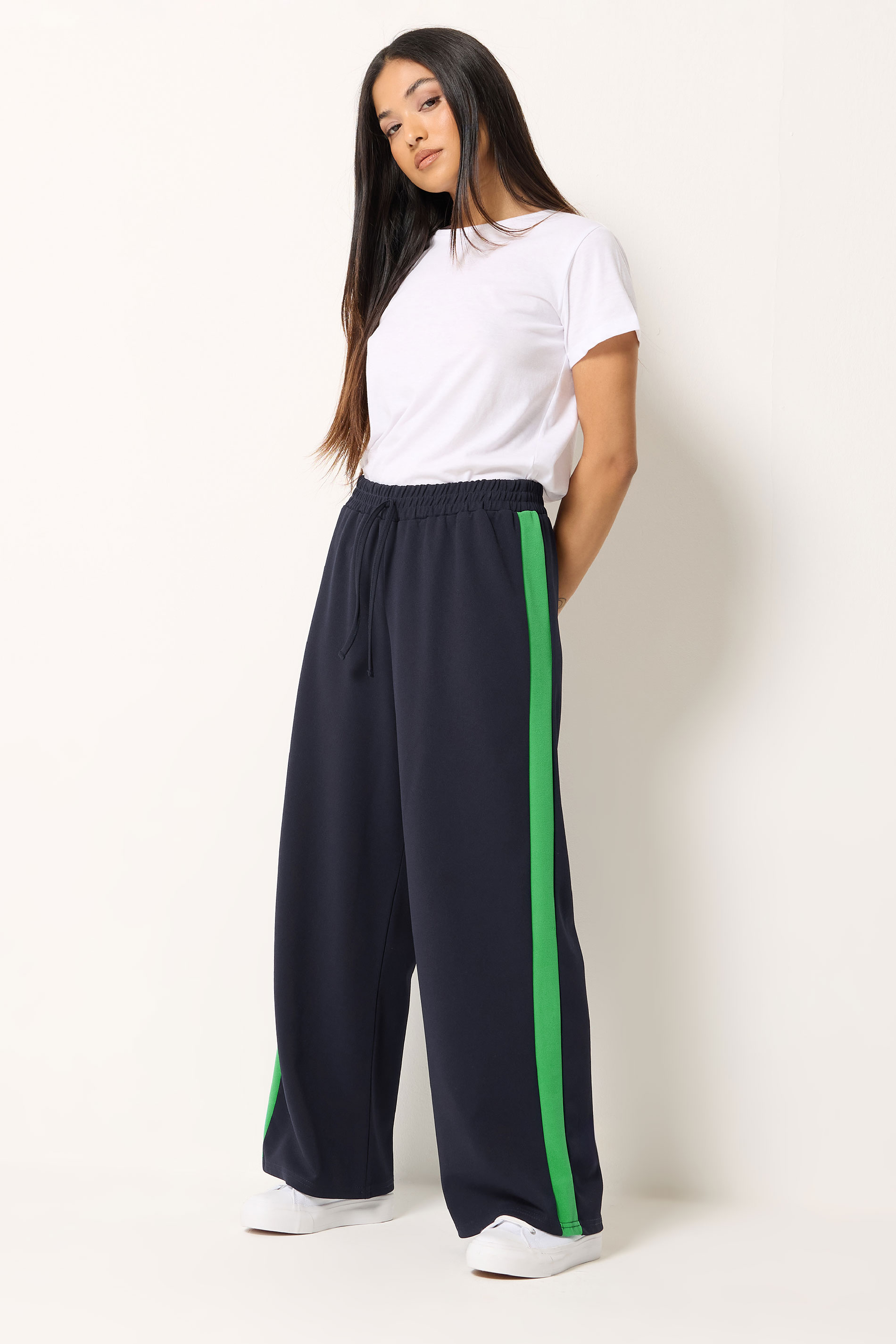 M&Co Petite Navy Blue & Green Wide Leg Side Stripe Trousers | M&Co 3
