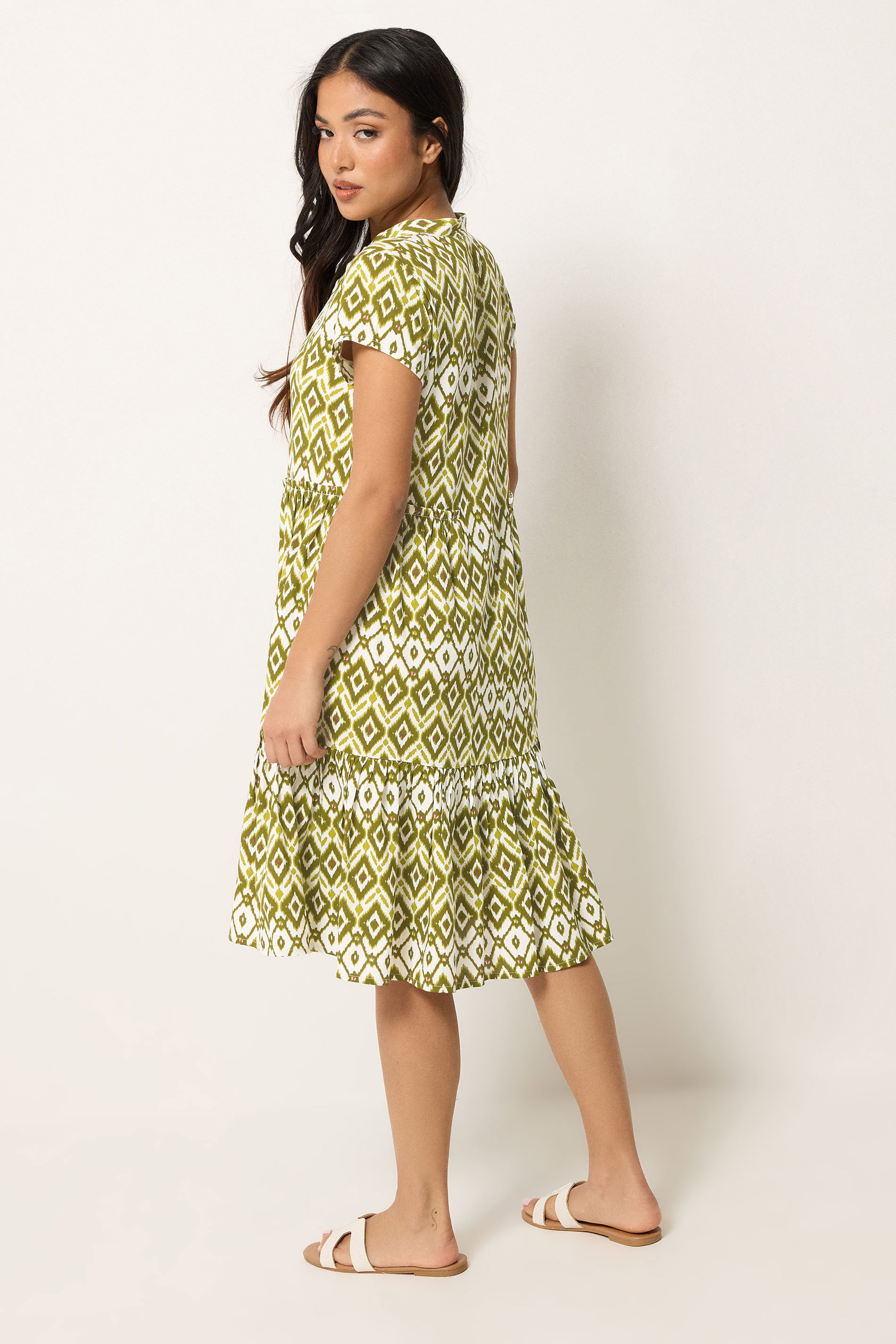 PixieGirl Petite Women's Green Abstract Smock Midi Dress | PixieGirl 2