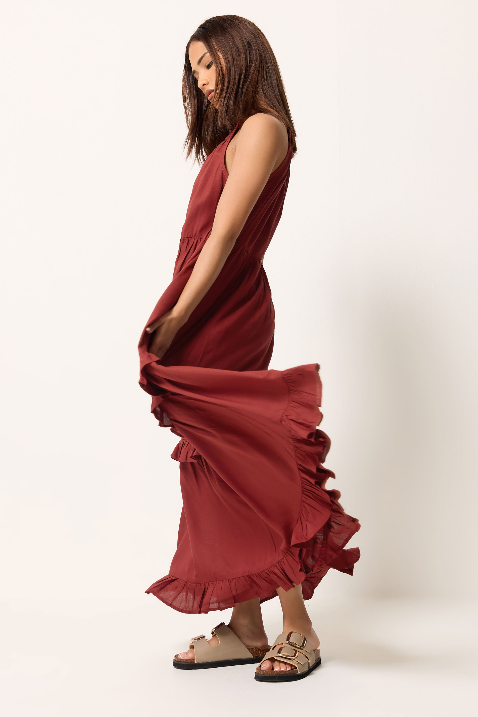 PixieGirl Petite Women's Red Halter Neck Tiered Maxi Dress | PixieGirl 1