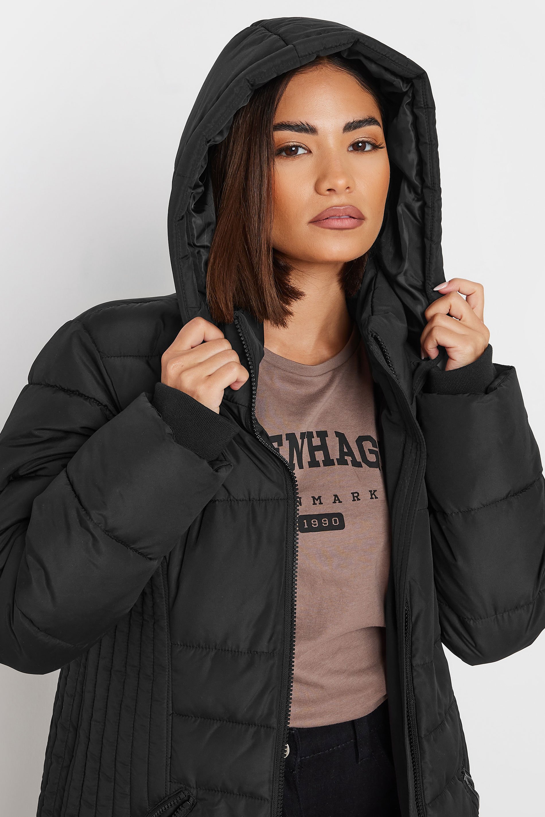 PixieGirl Petite Women's Black Sporty Zip Through Midi Padded Coat | PixieGirl 4