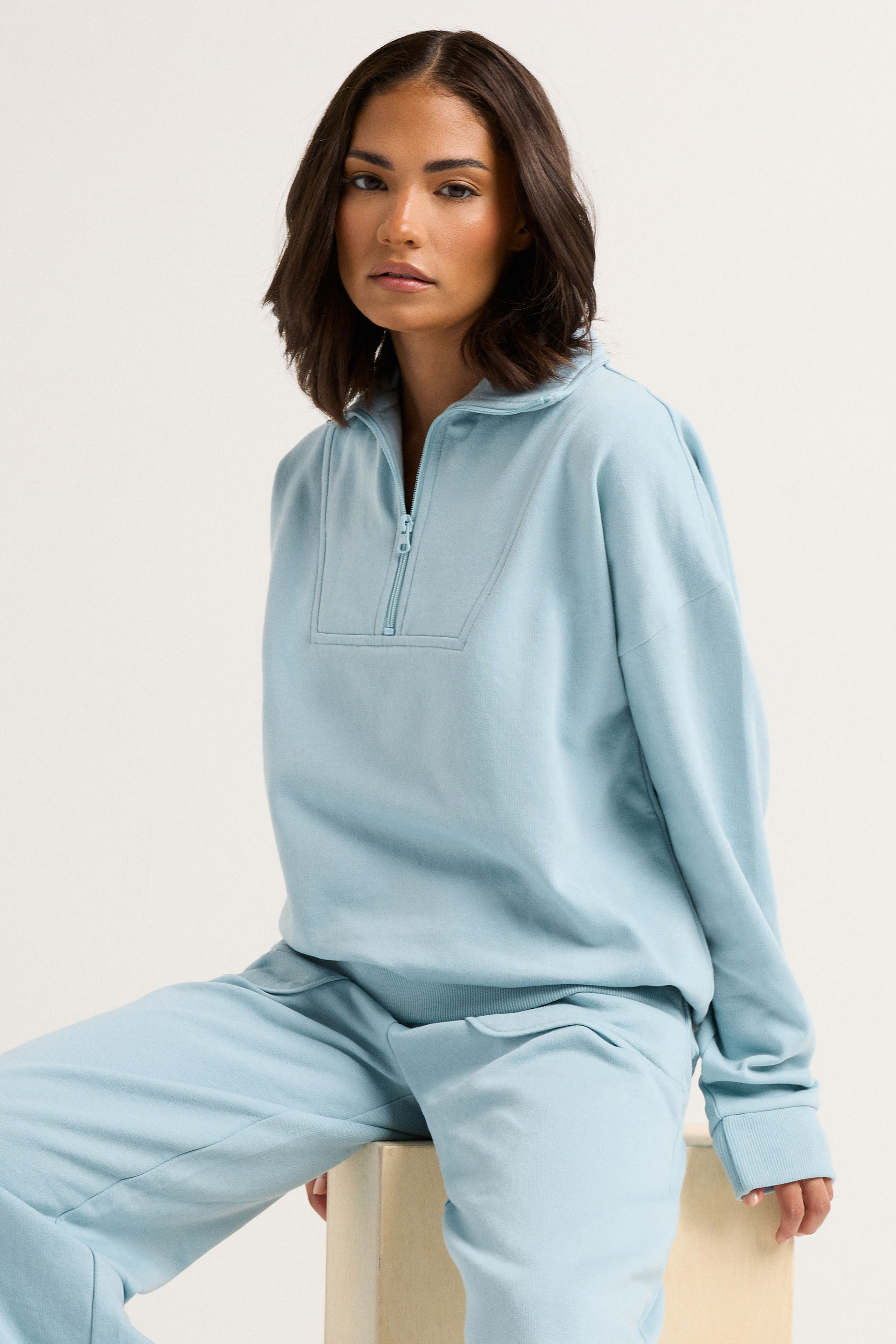 PixieGirl Petite Women's Light Blue Quarter Zip Sweatshirt | PixieGirl 1