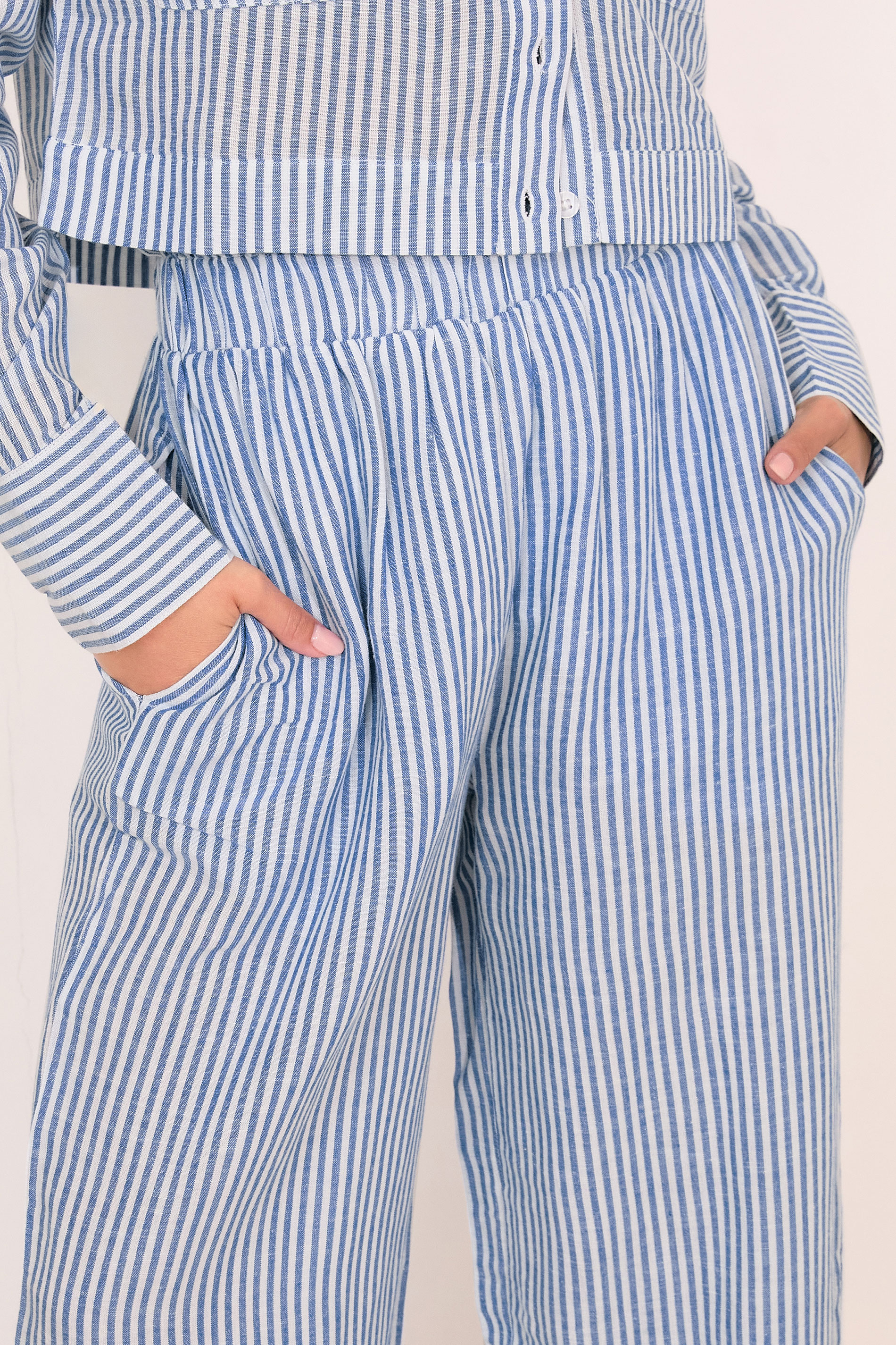 PixieGirl Petite Women's Blue Linen Striped Wide Leg Trousers | PixieGirl 4