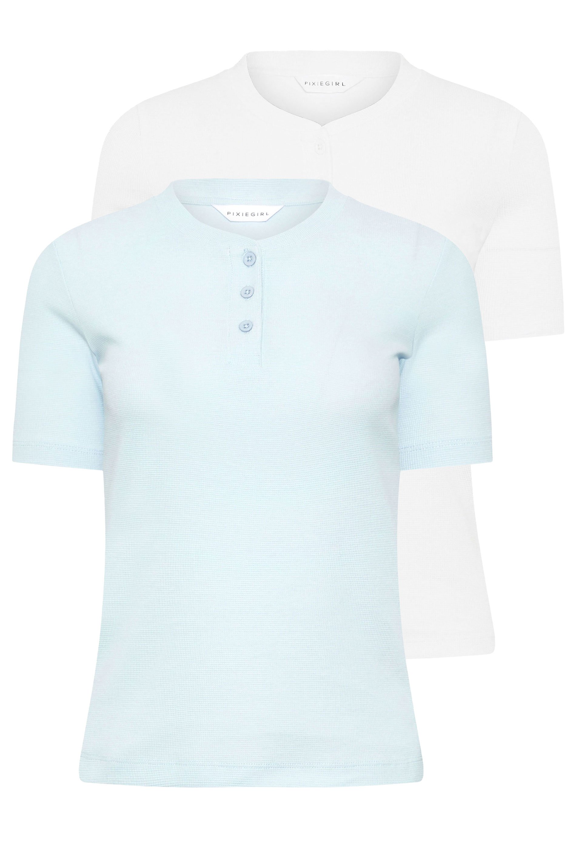 PixieGirl Petite Women's 2 PACK Light Blue & White Waffle Henley T-Shirts | PixieGirl 8