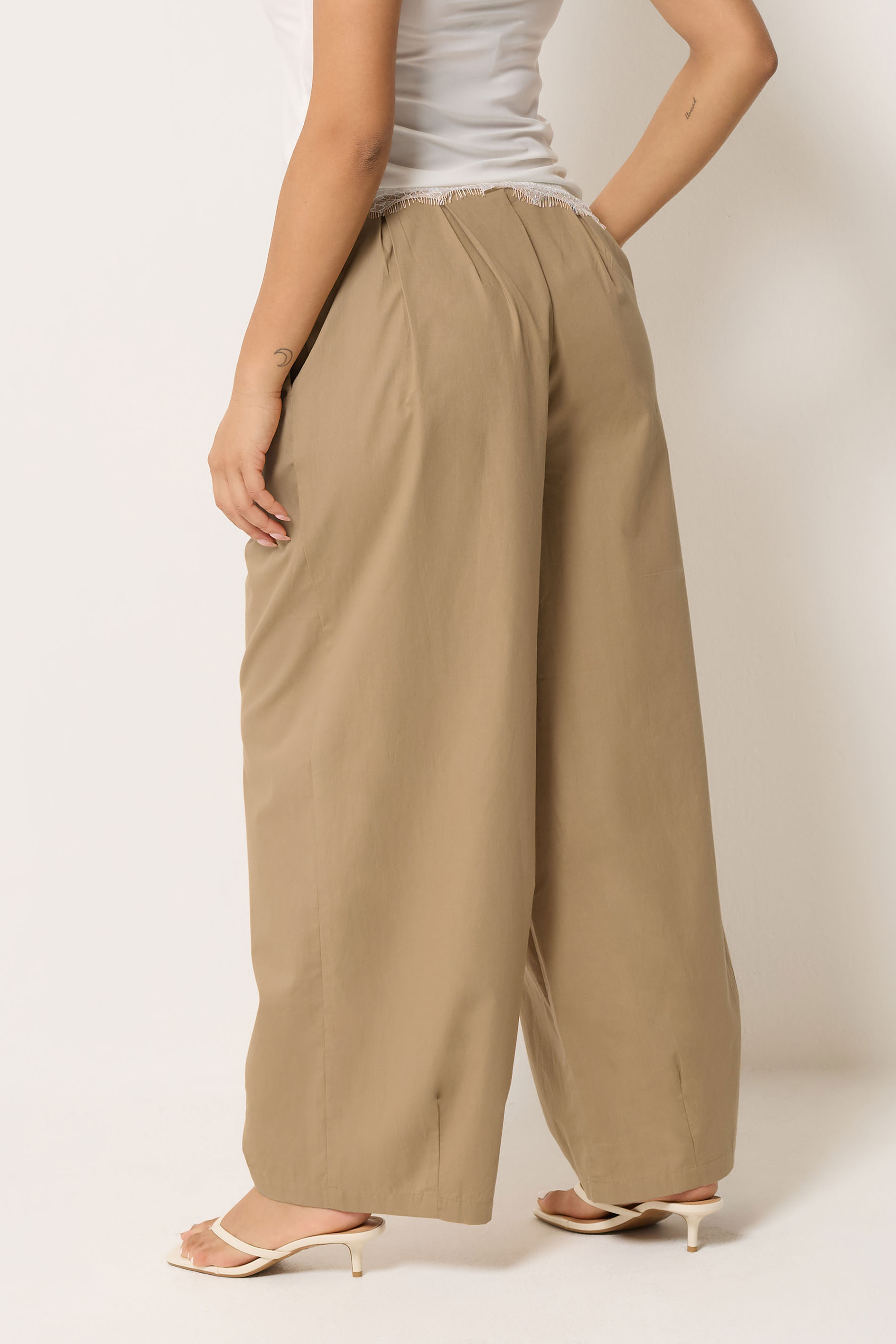 PixieGirl Petite Women's Stone Brown Pleated Cotton Barrel Trousers | PixieGirl  2