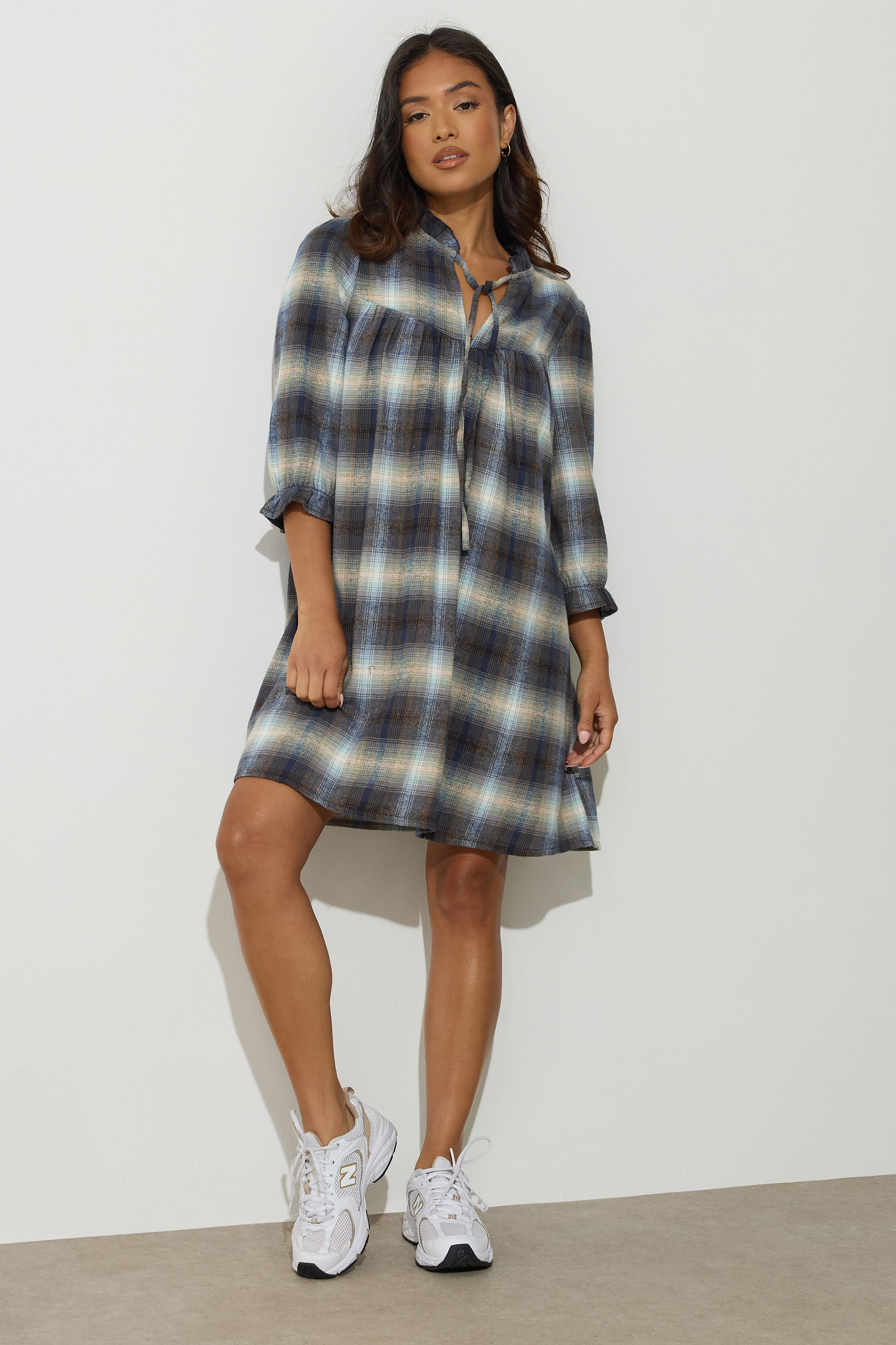 PixieGirl Petite Women's Blue Brushed Check Tie Smock Dress | PixieGirl 2