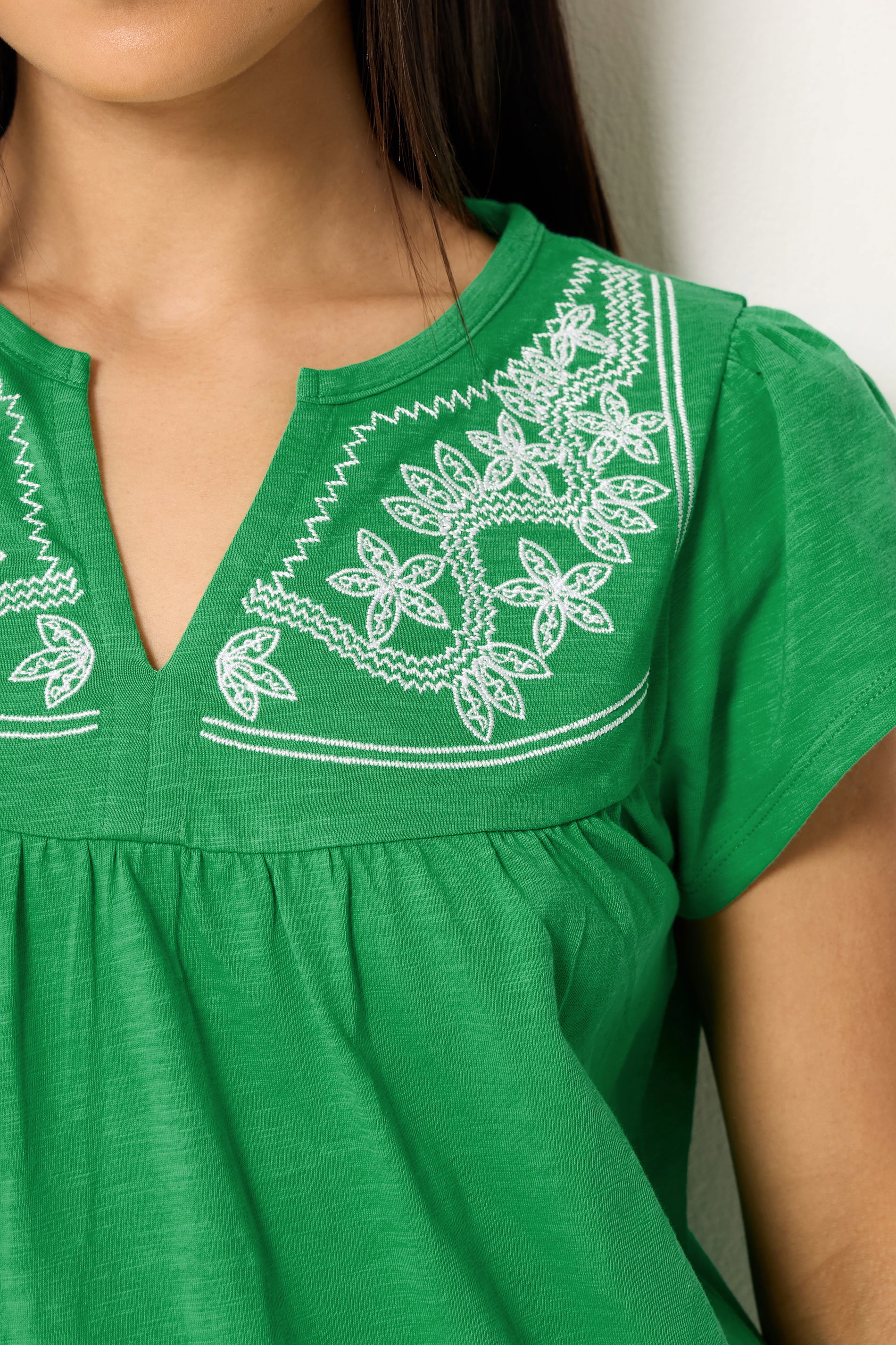 M&Co Petite Green Embroidered Cotton Notch Neck Top | M&Co 4