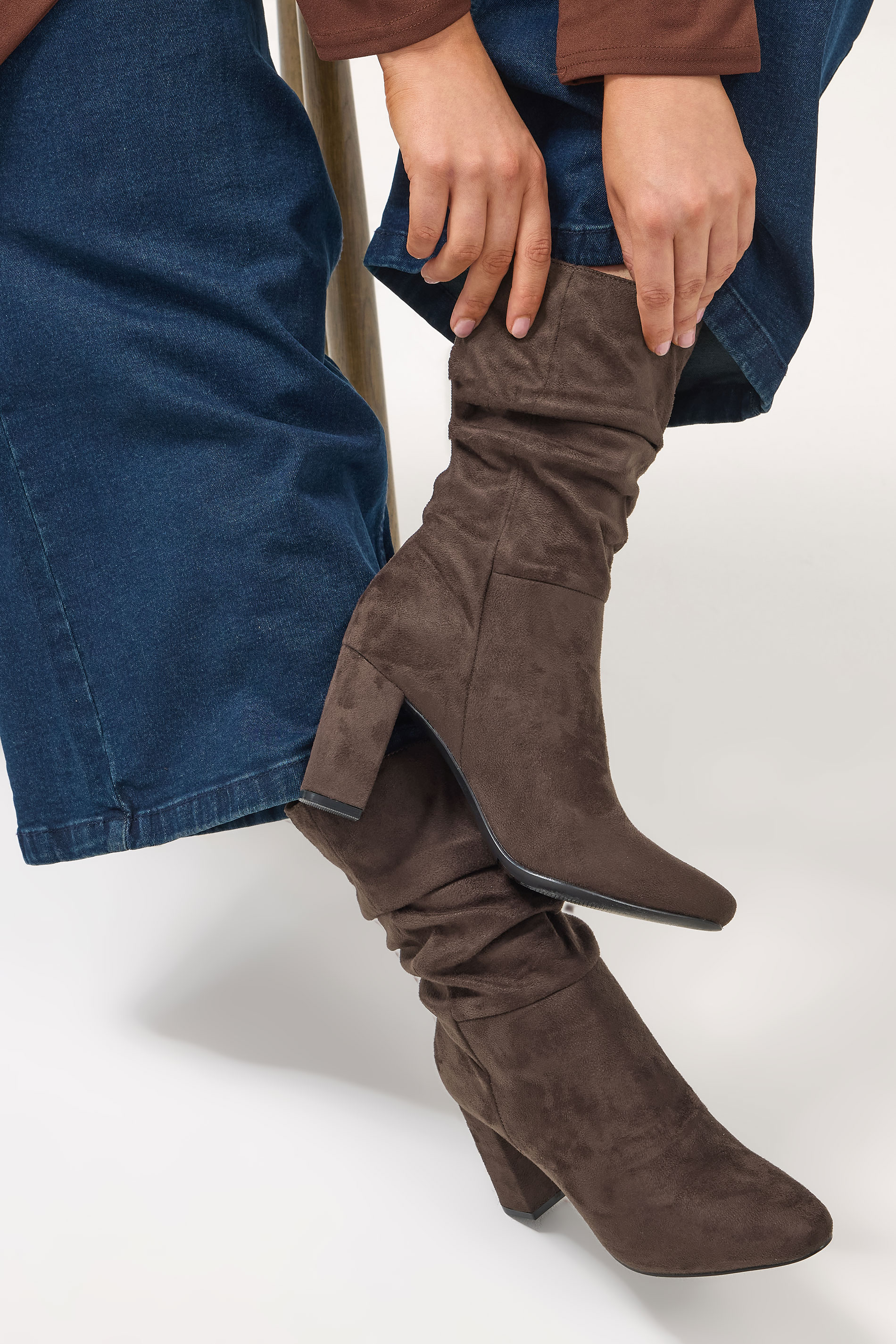 Chocolate Brown Faux Suede Ruched Block Heel Boots In Standard Fit | Yours Clothing 1