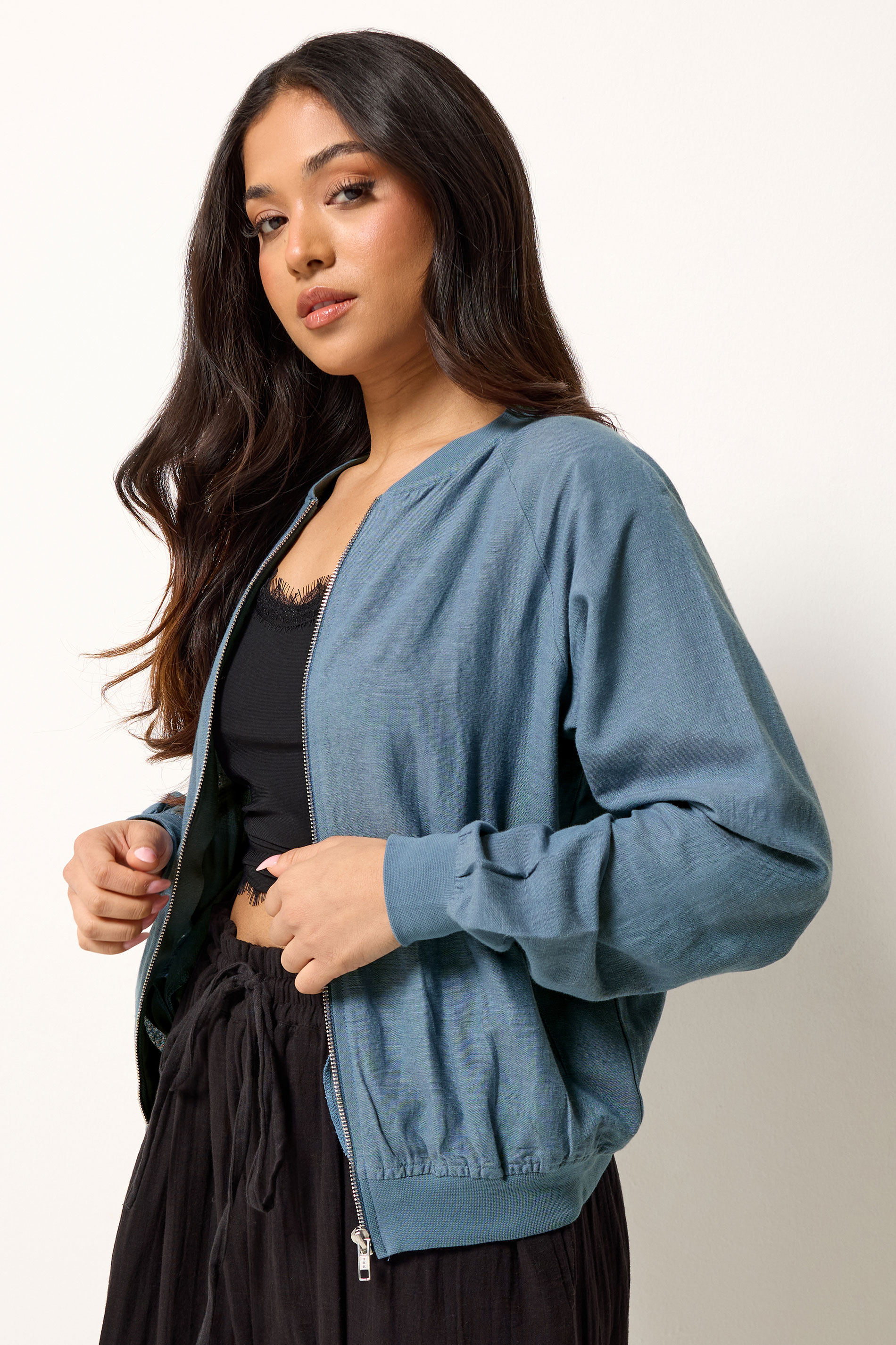 PixieGirl Petite Women's Blue Linen Bomber Jacket | PixieGirl 3