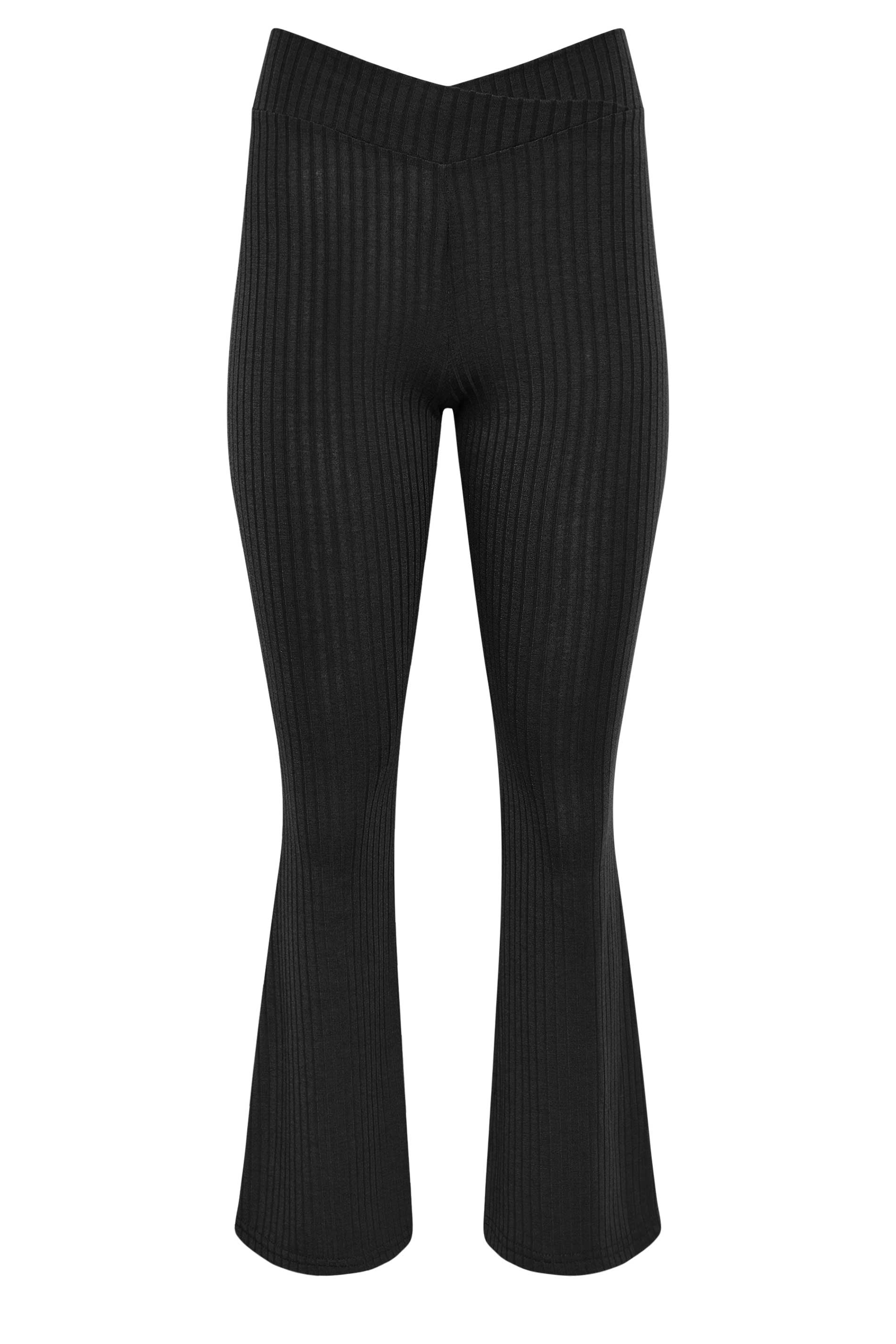 PixieGirl Black V-Waist Ribbed Flare Trousers | PixieGirl