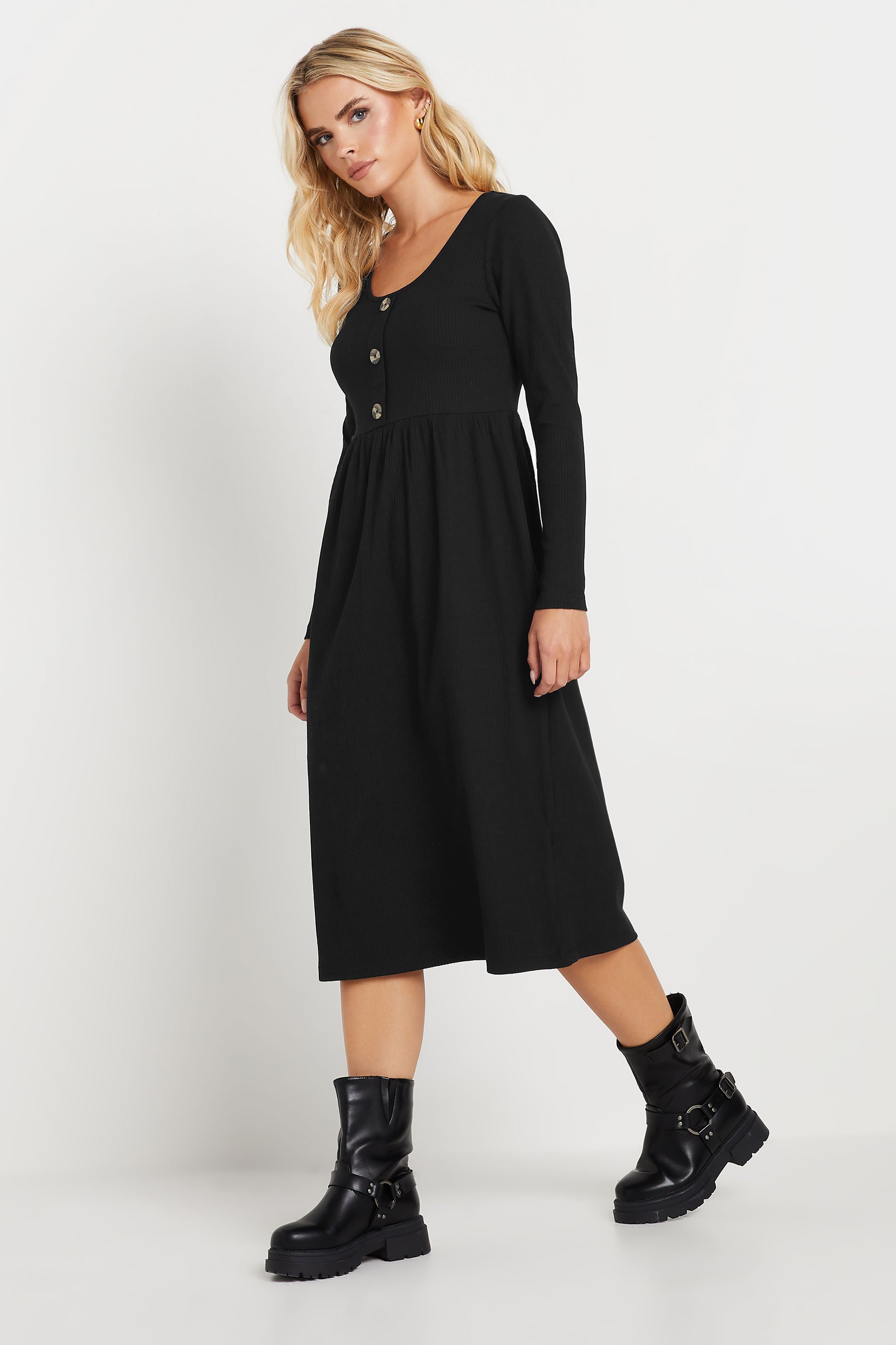PixieGirl Petite Women's Black Ribbed Button Midaxi Dress | PixieGirl 1