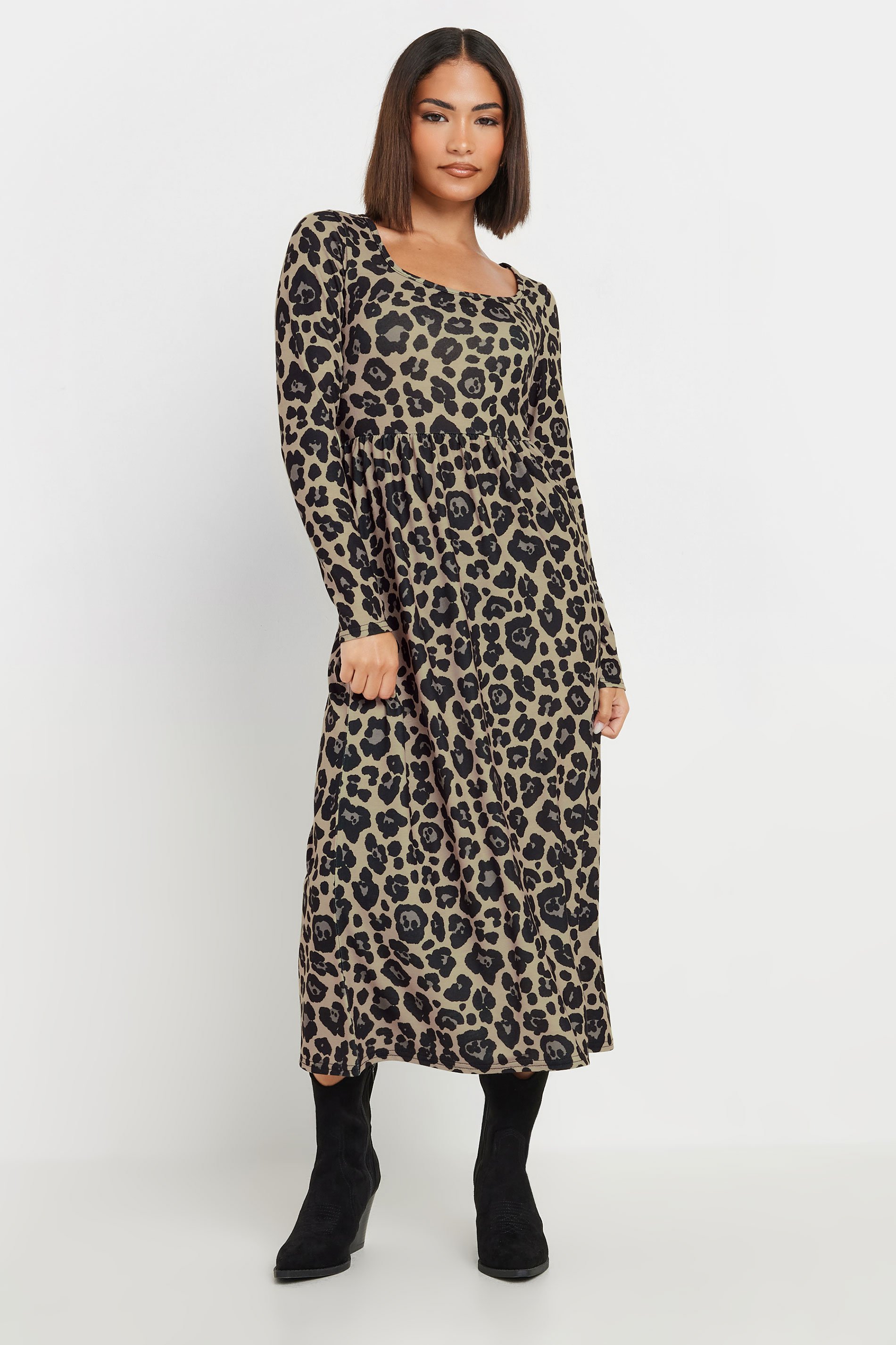 PixieGirl Petite Women's Brown Leopard Print Midi Tea Dress | PixieGirl 1