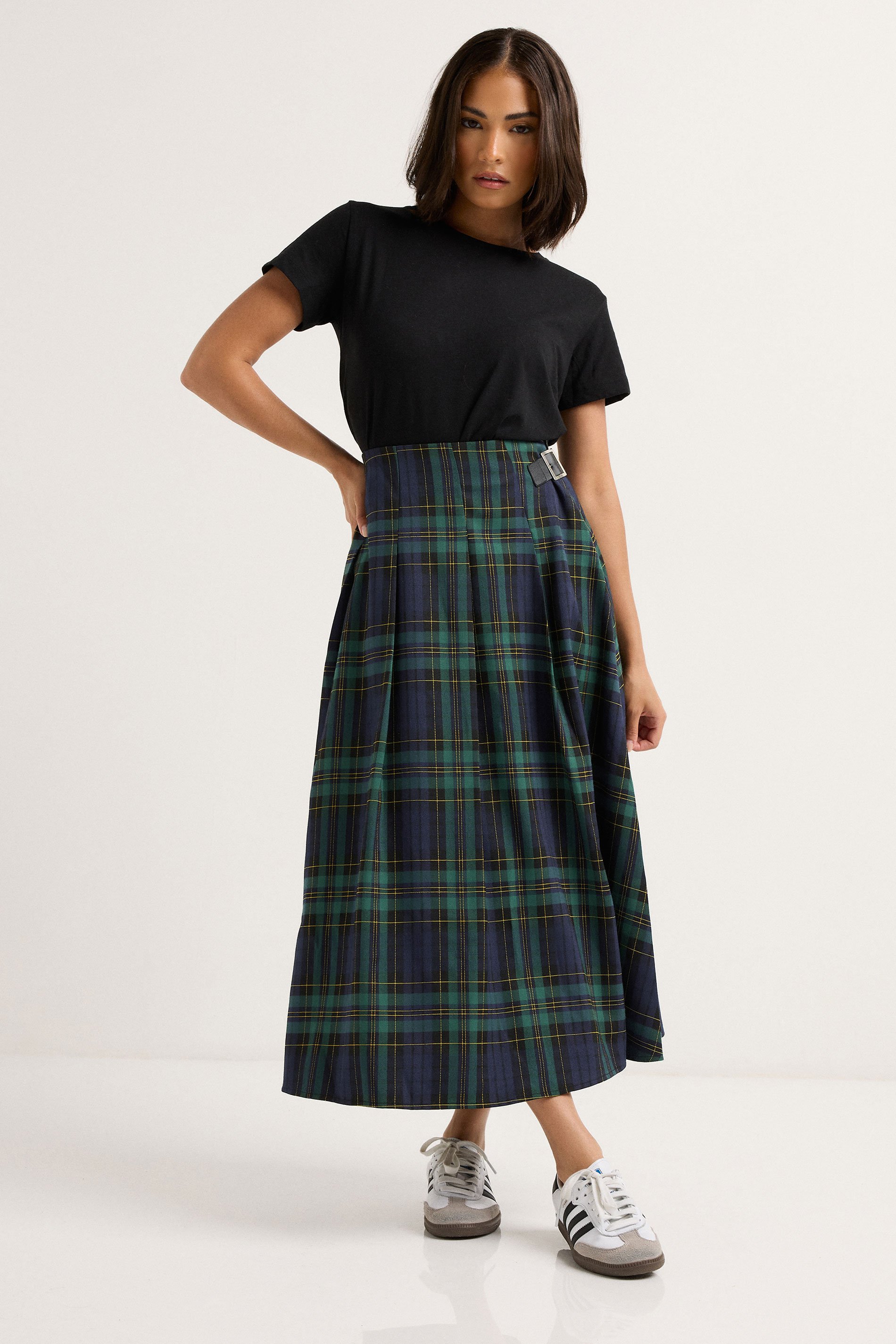 PixieGirl Petite Women's Blue & Green Check Buckle Midi Skirt | PixieGirl 2