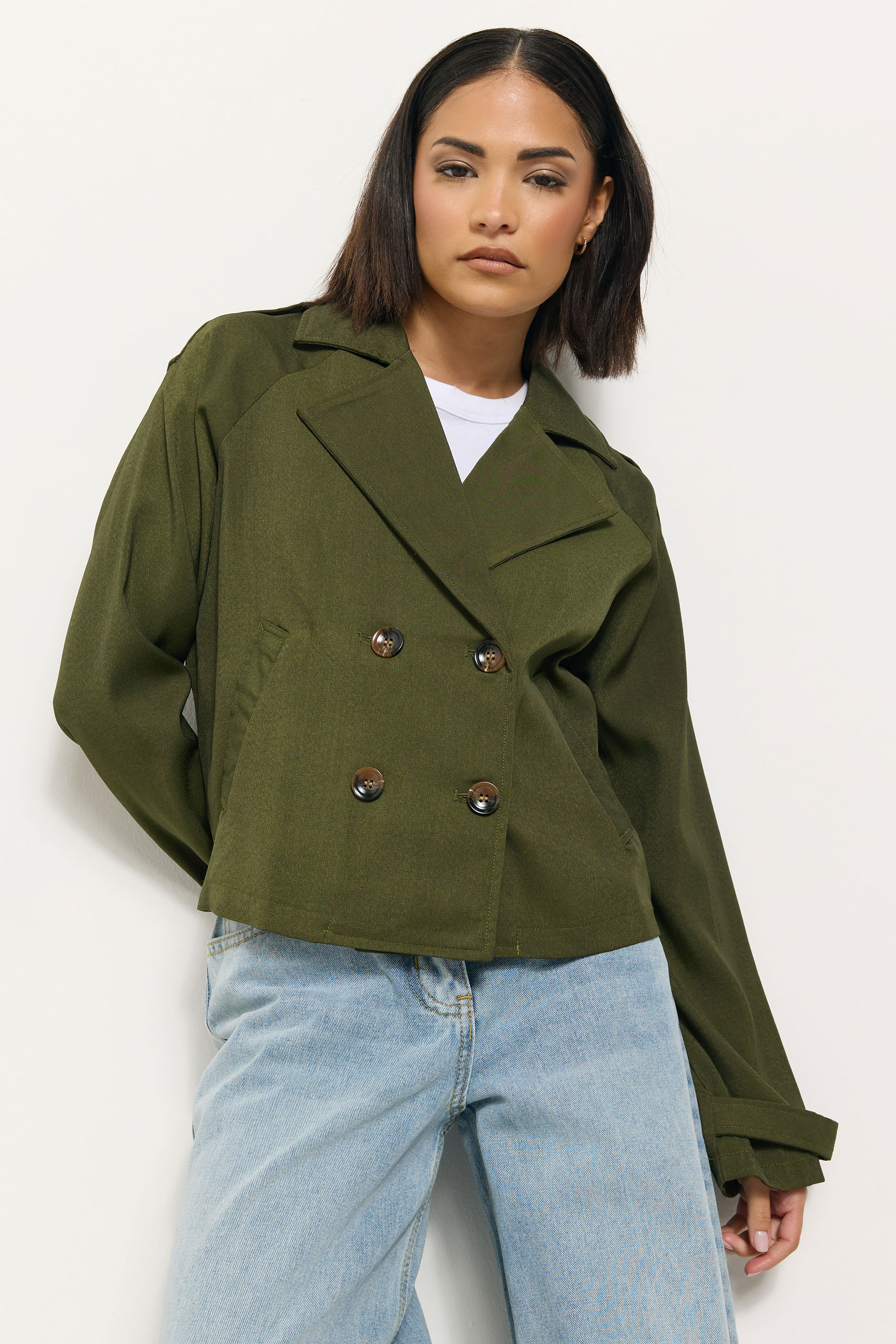 PixieGirl Petite Women's Olive Green Cropped Trench Duster Coat | PixieGirl 1