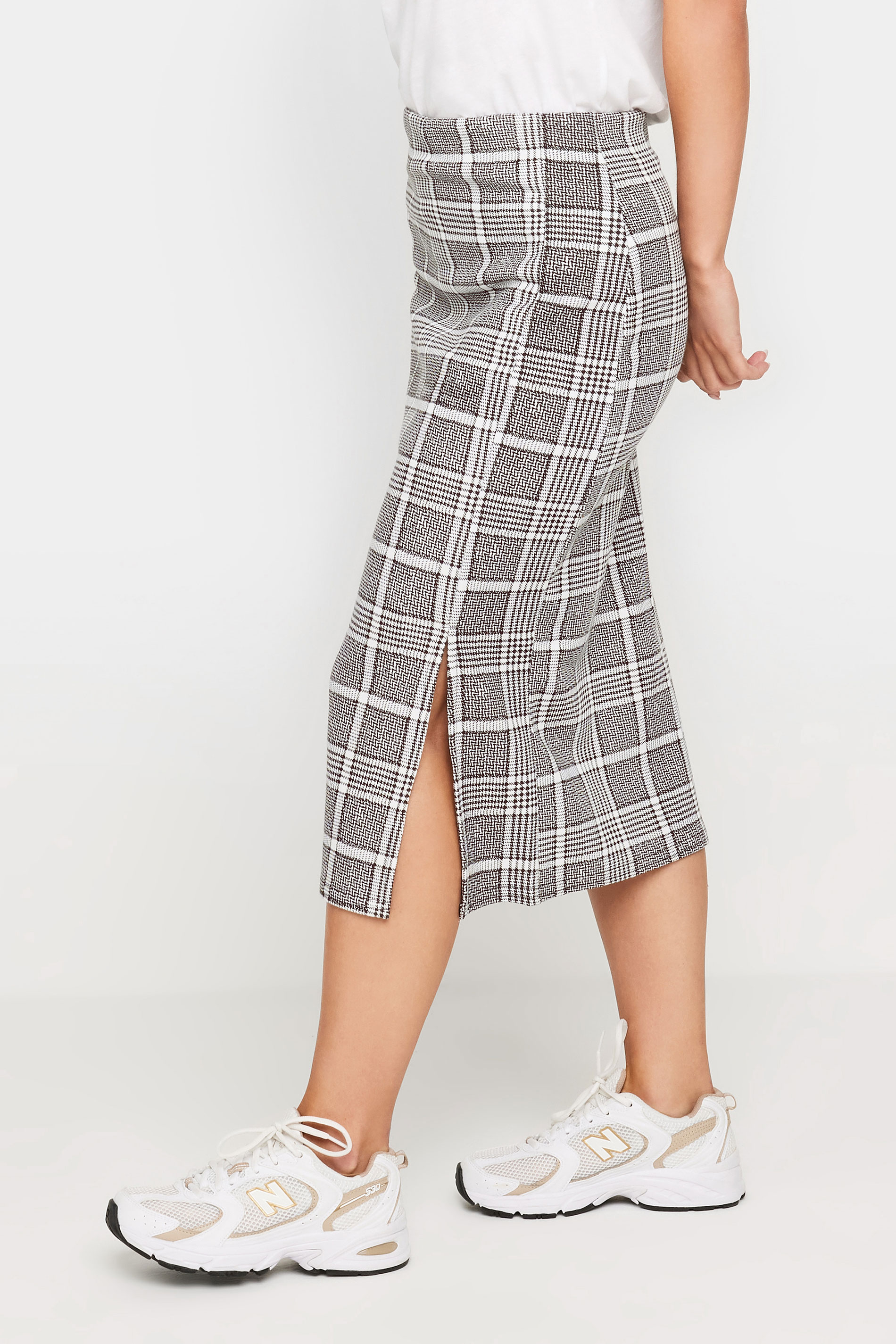Petite Black & Grey Check Stretch Midi Skirt | PixieGirl 1