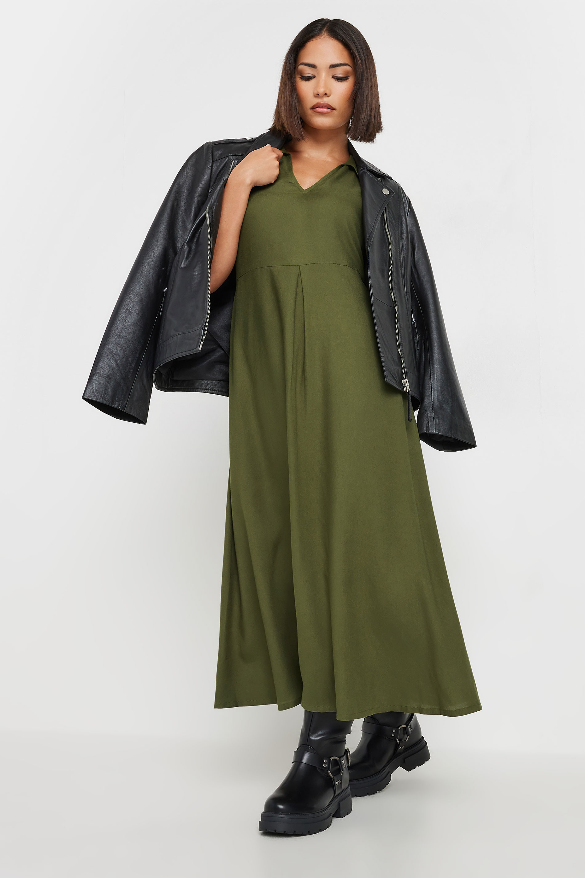 PixieGirl Petite Women's Olive Green Open Collar Short Sleeve Dress | PixieGirl 2