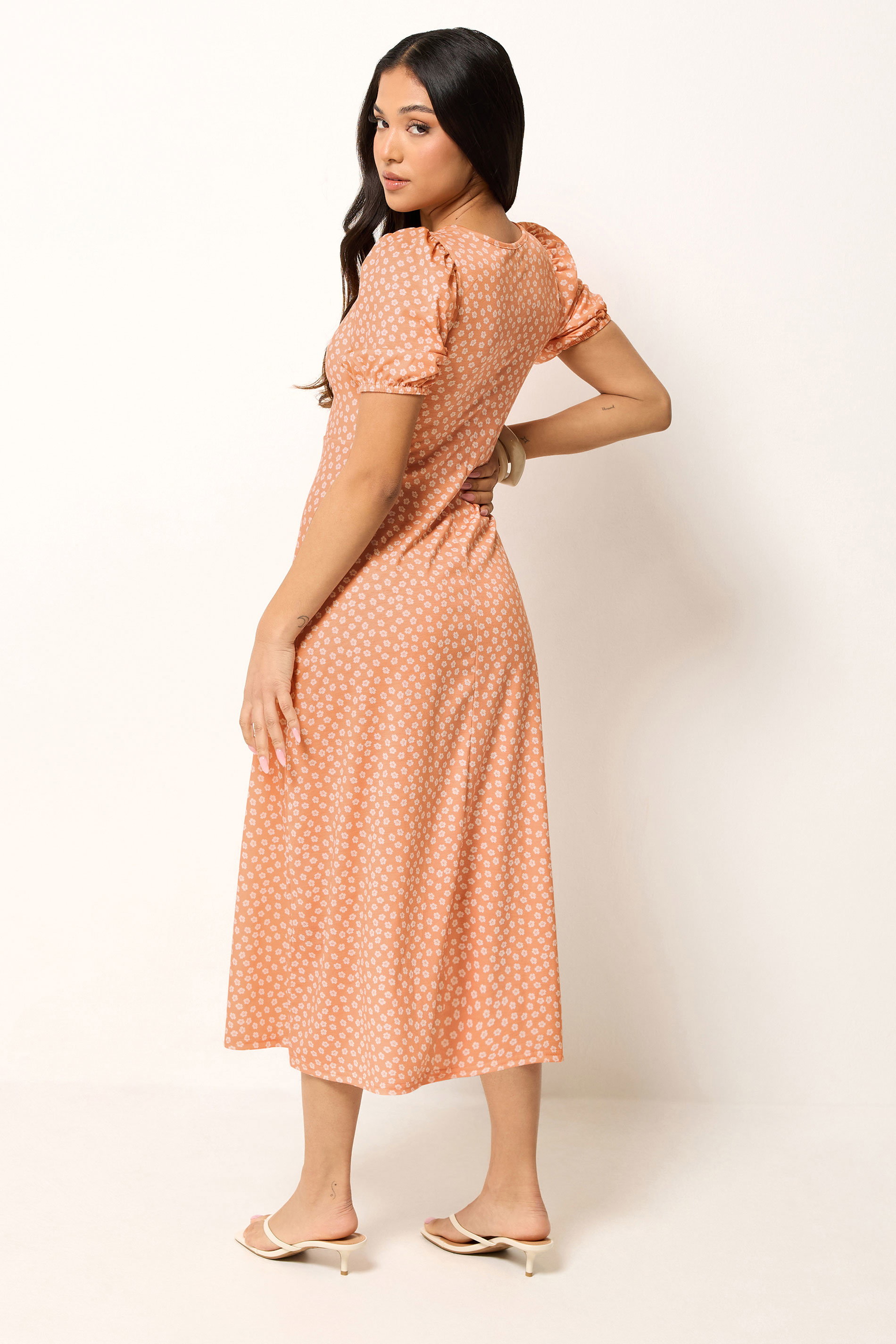 PixieGirl Petite Women's Orange Floral Ruched Midi Dress | PixieGirl 2