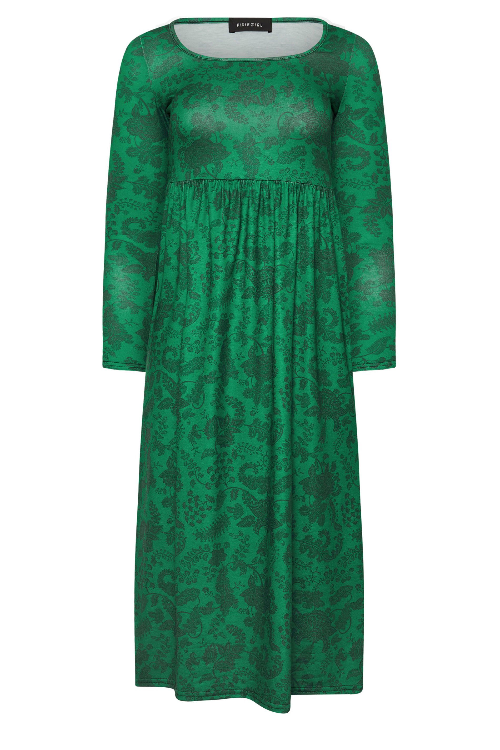 PixieGirl Petite Women's Green Paisley Print Midi Tea Dress | PixieGirl 5