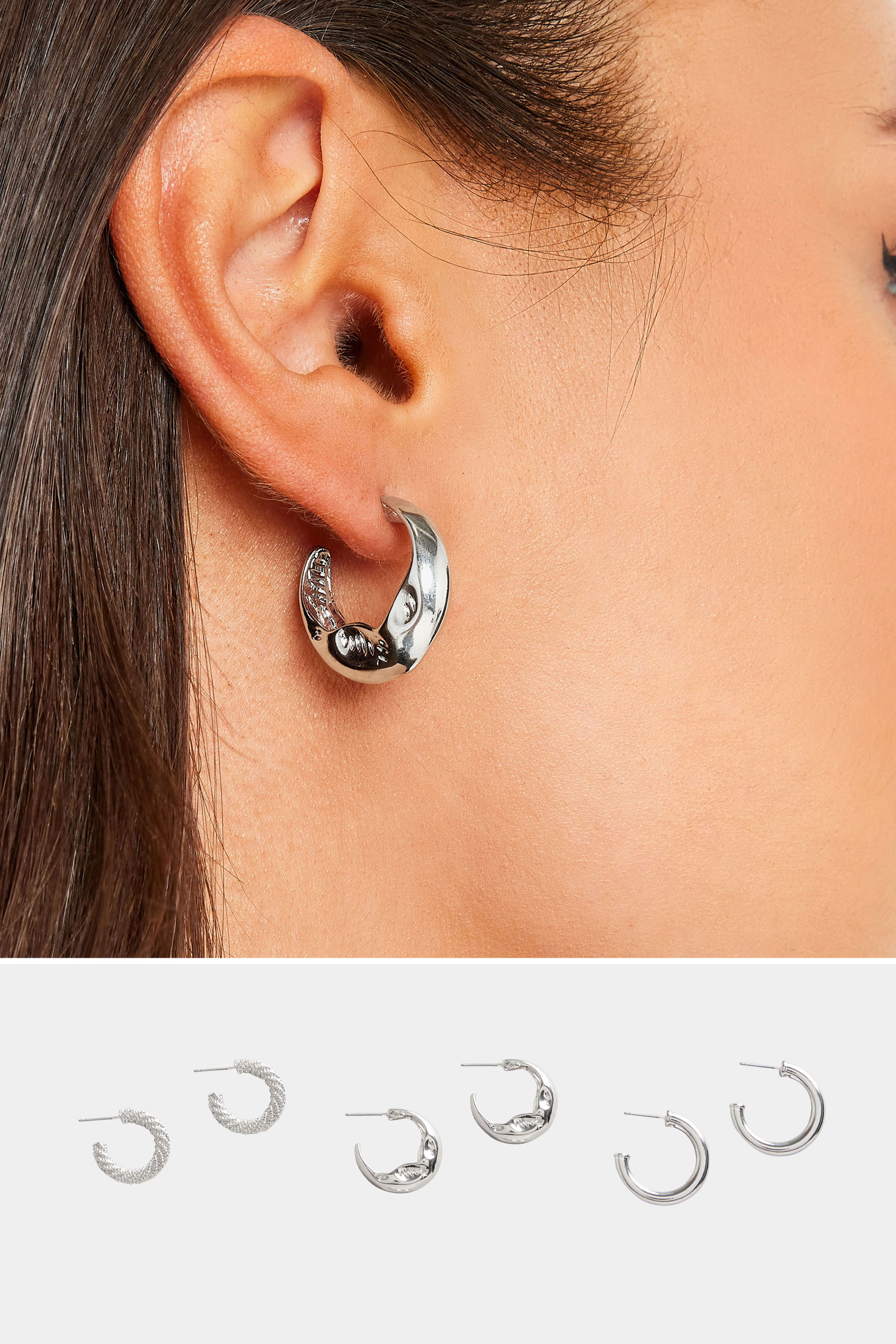 3 PACK Silver Tone Textured Hoop Earrings Set | Yours Clothing 1