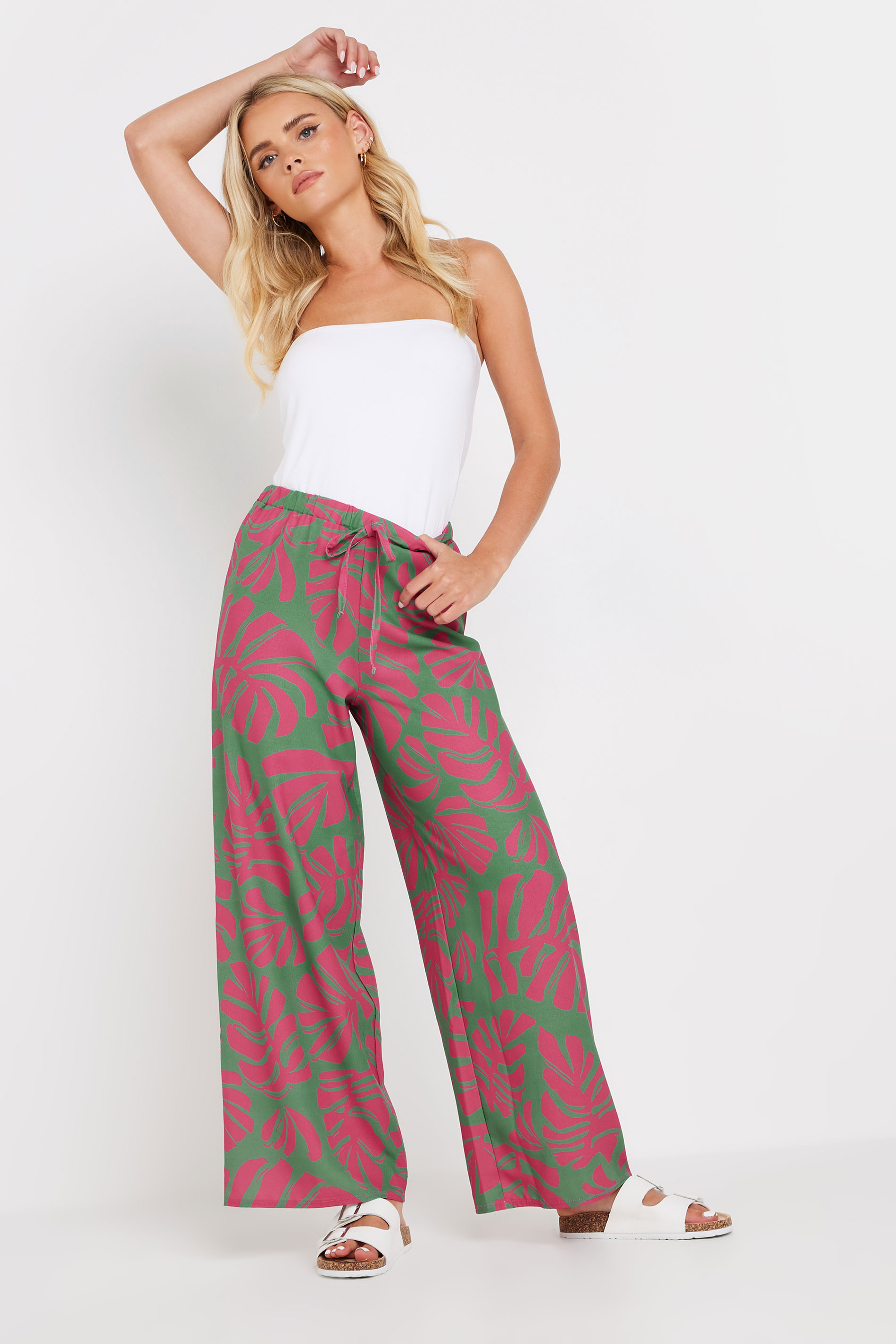 PixieGirl Green Leaf Print Wide Leg Trousers | PixieGirl 1