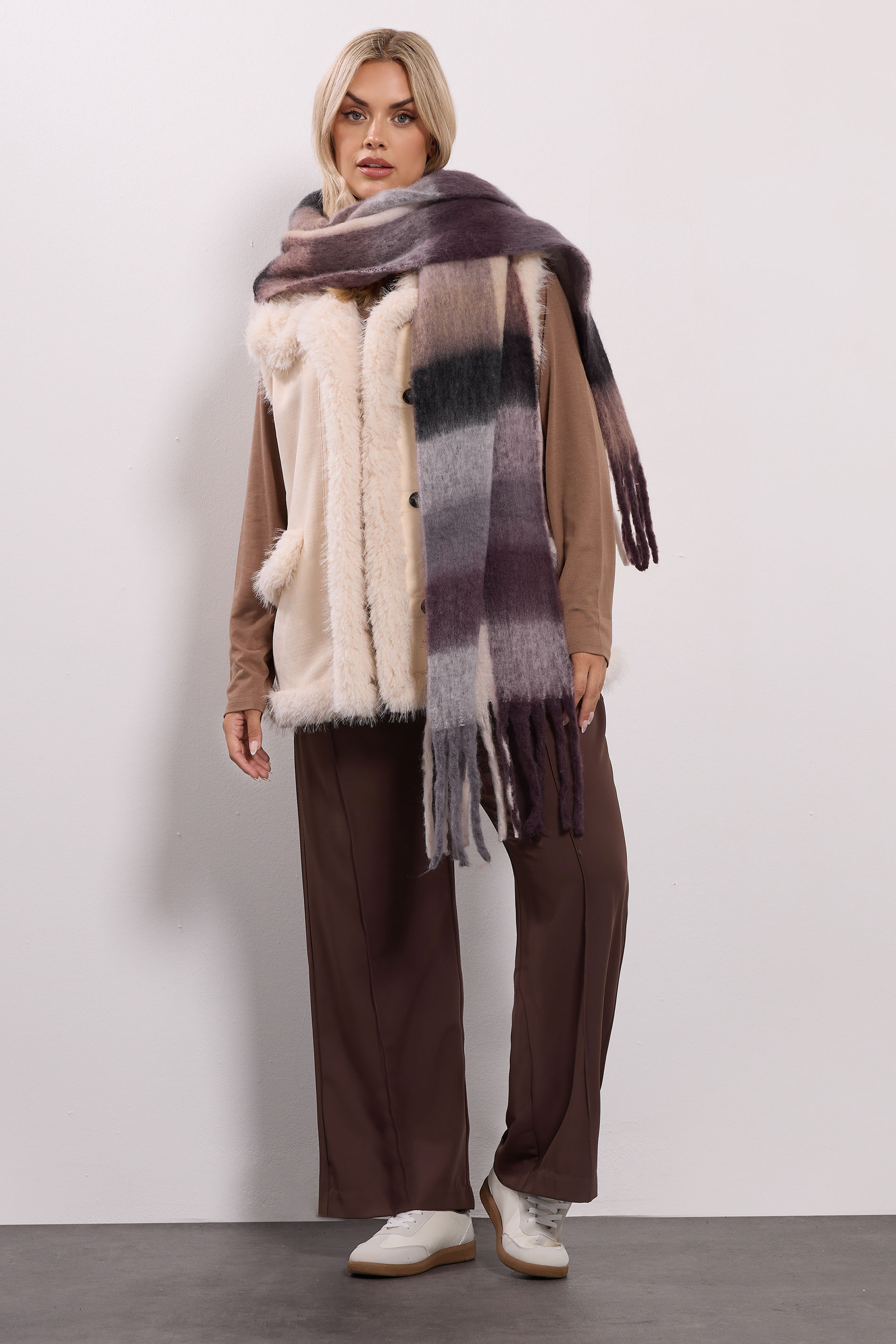 Chocolate Brown Checked Soft Touch Scarf | Yours Clothing 2