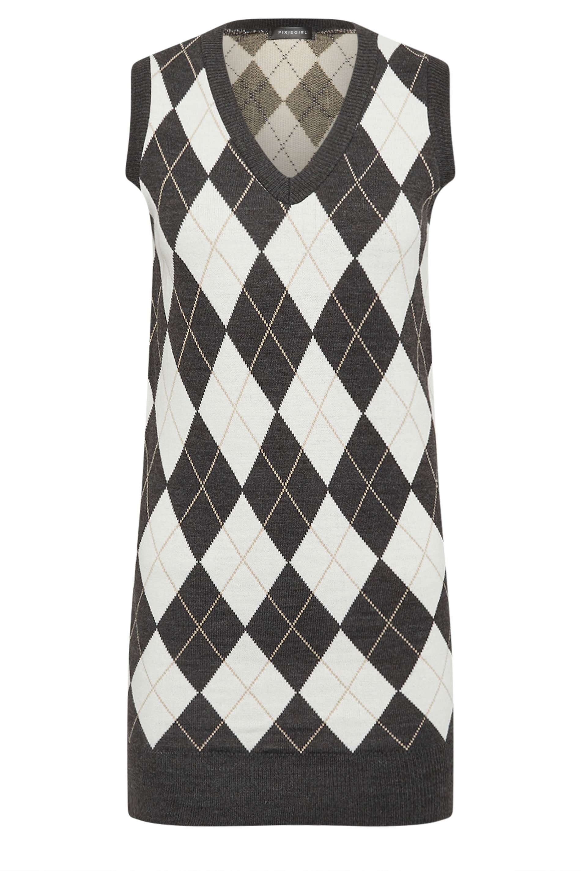 PixieGirl Petite Women's Charcoal Grey Argyle Check Print Sleeveless Dress | PixieGirl 5