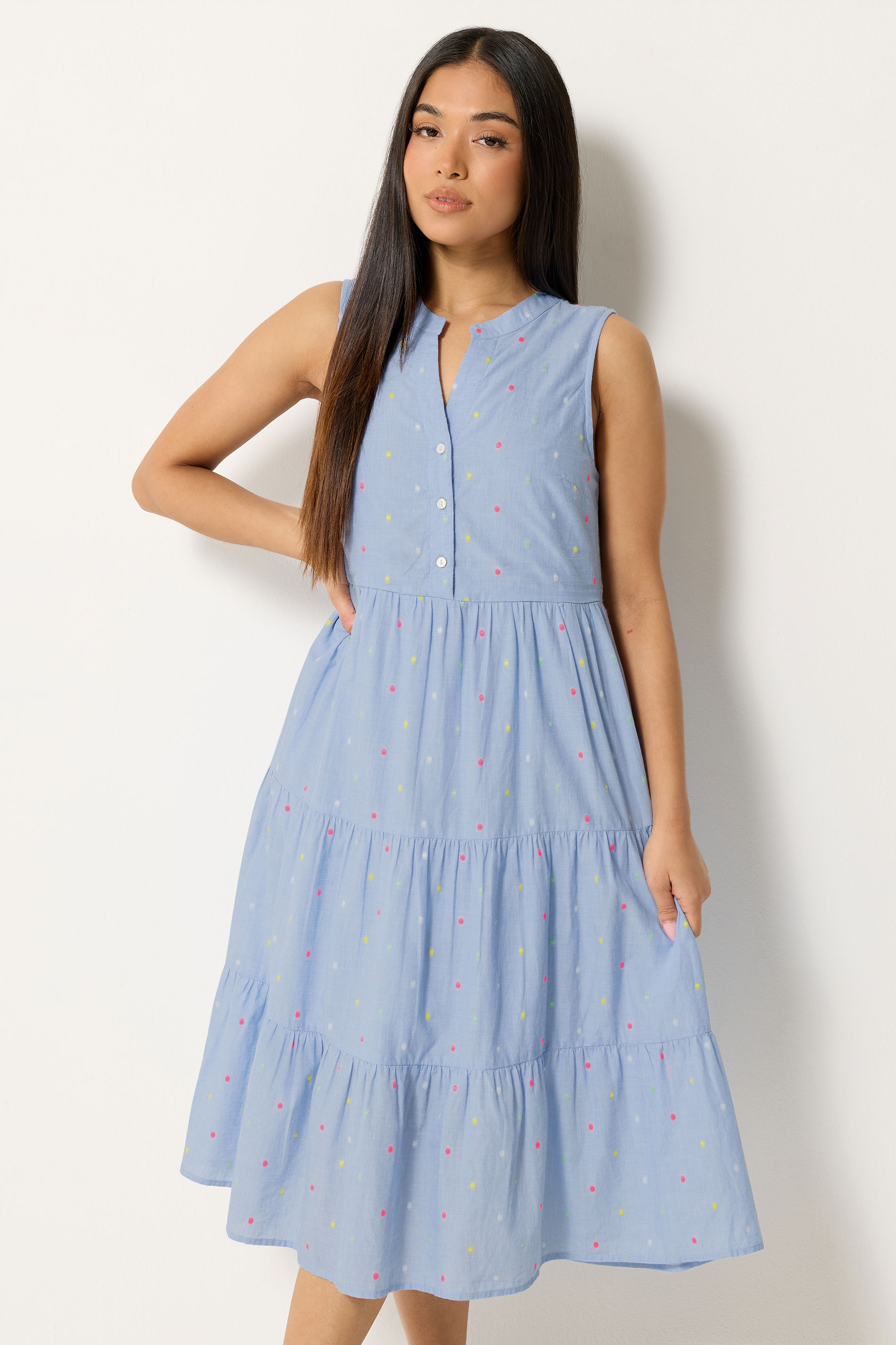 M&Co Petite Light Blue Dobby Tiered Cotton Midi Dress | M&Co 3