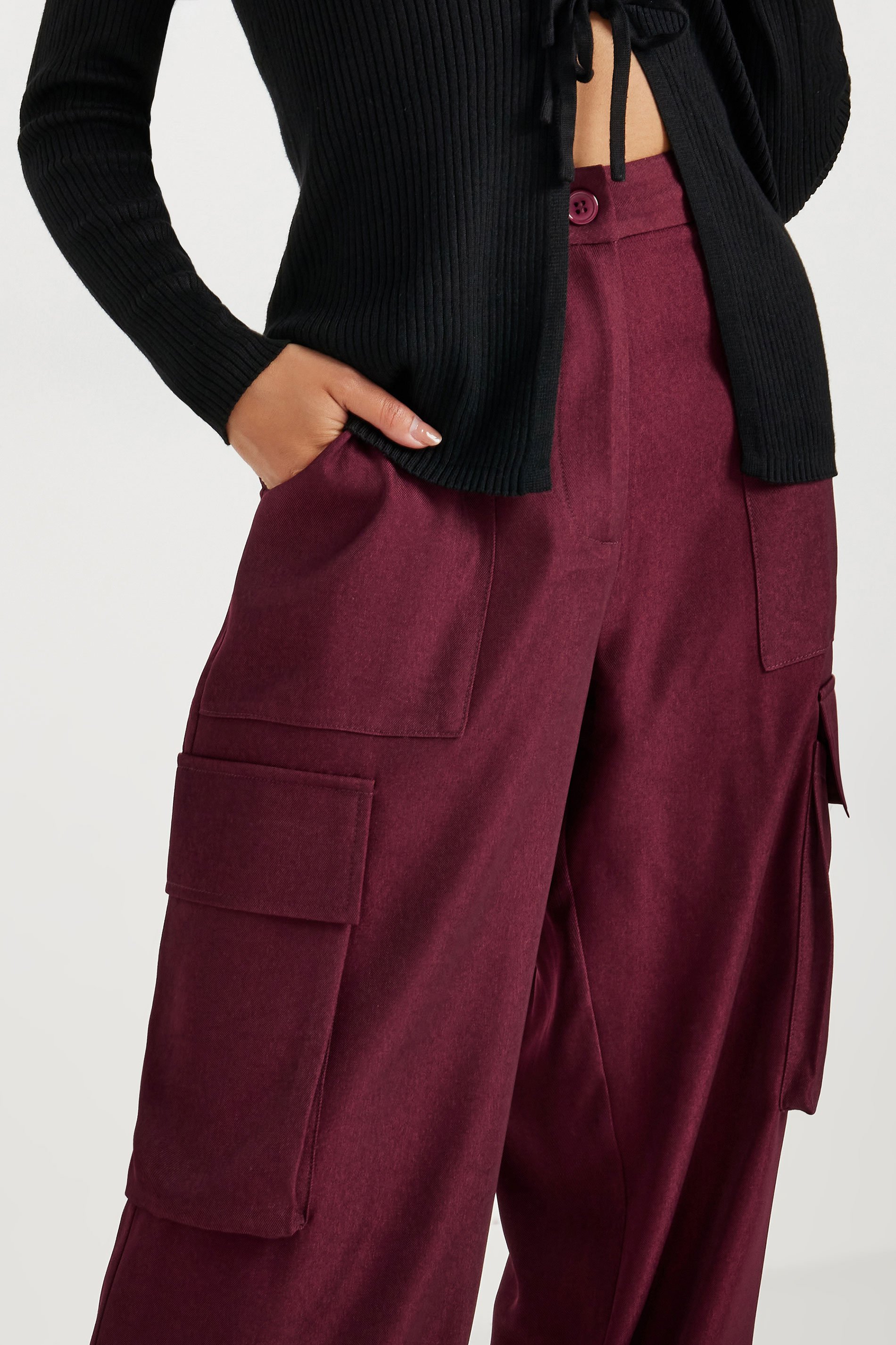 PixieGirl Petite Women's Burgundy Red Utility Style Wide Leg Trousers | PixieGirl 5