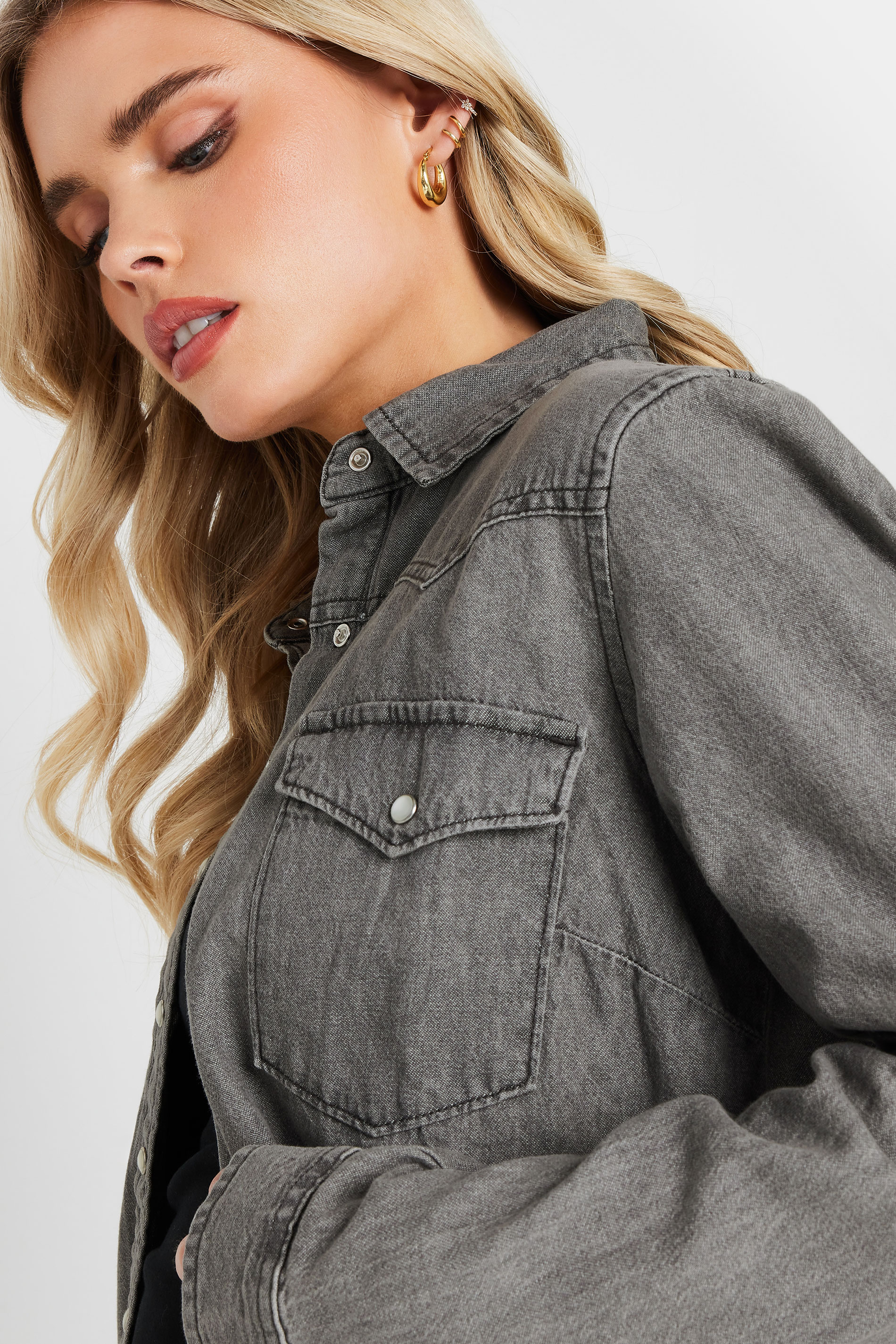 PixieGirl Petite Women's Charcoal Grey Washed Denim Shirt | PixieGirl 4