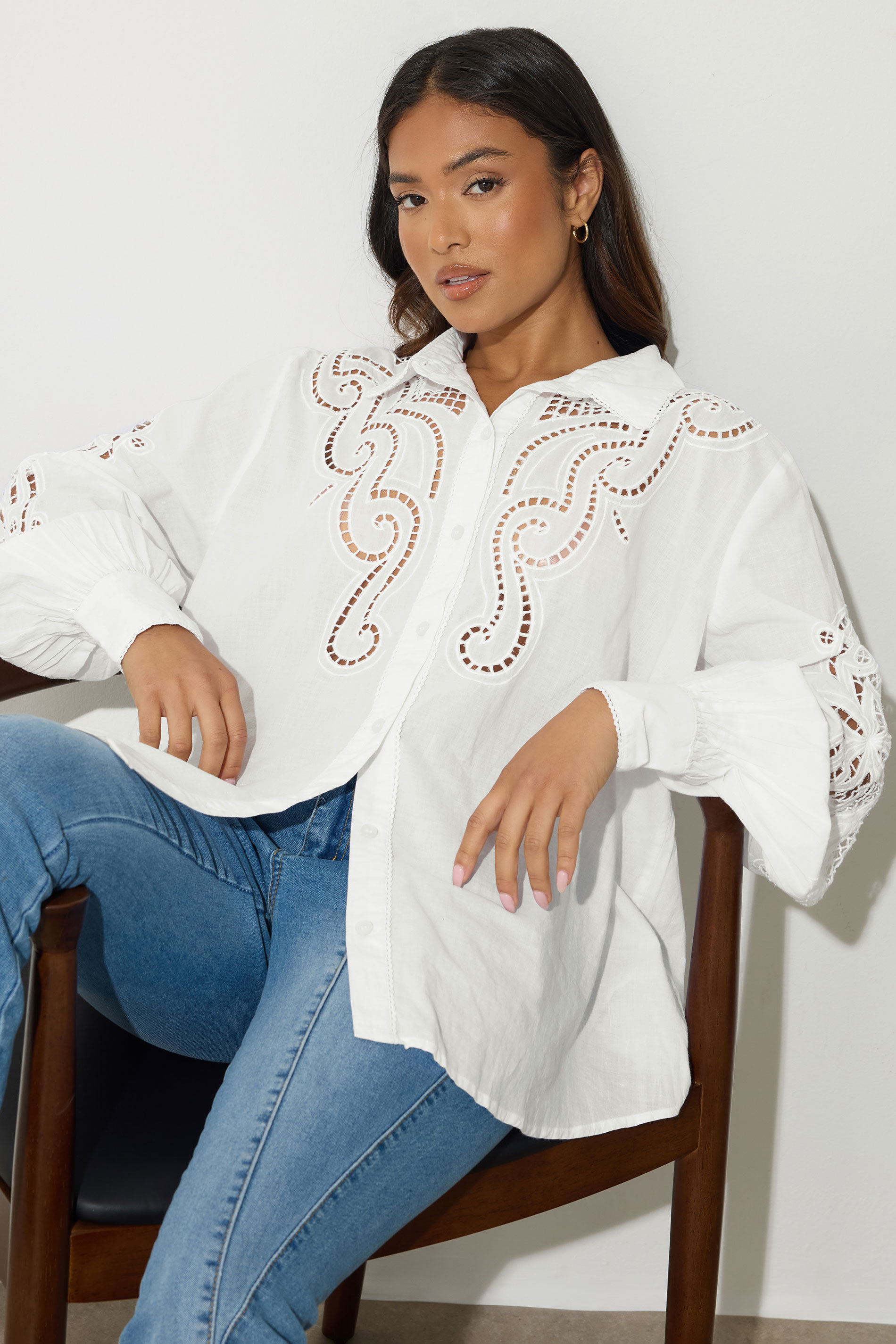 PixieGirl Petite Women's White Crochet Long Sleeve Shirt | PixieGirl 1